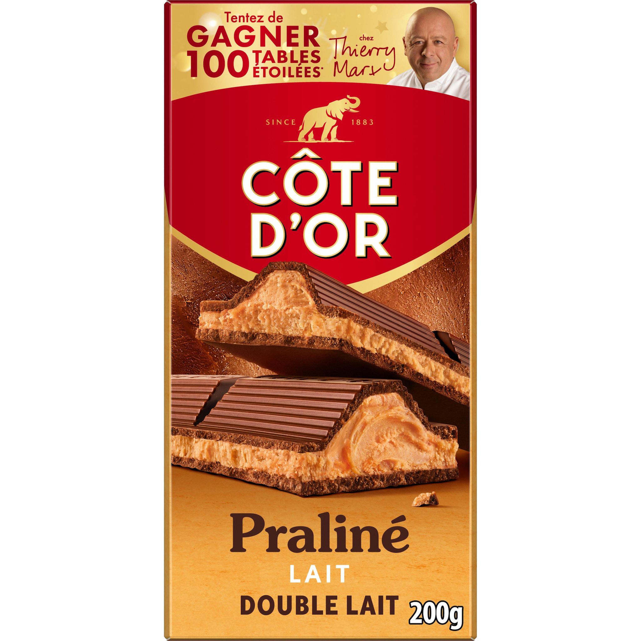 Voir la diapositive 2 : COTE D'OR Tablette de chocolat au lait fourré praliné et double lait 200g