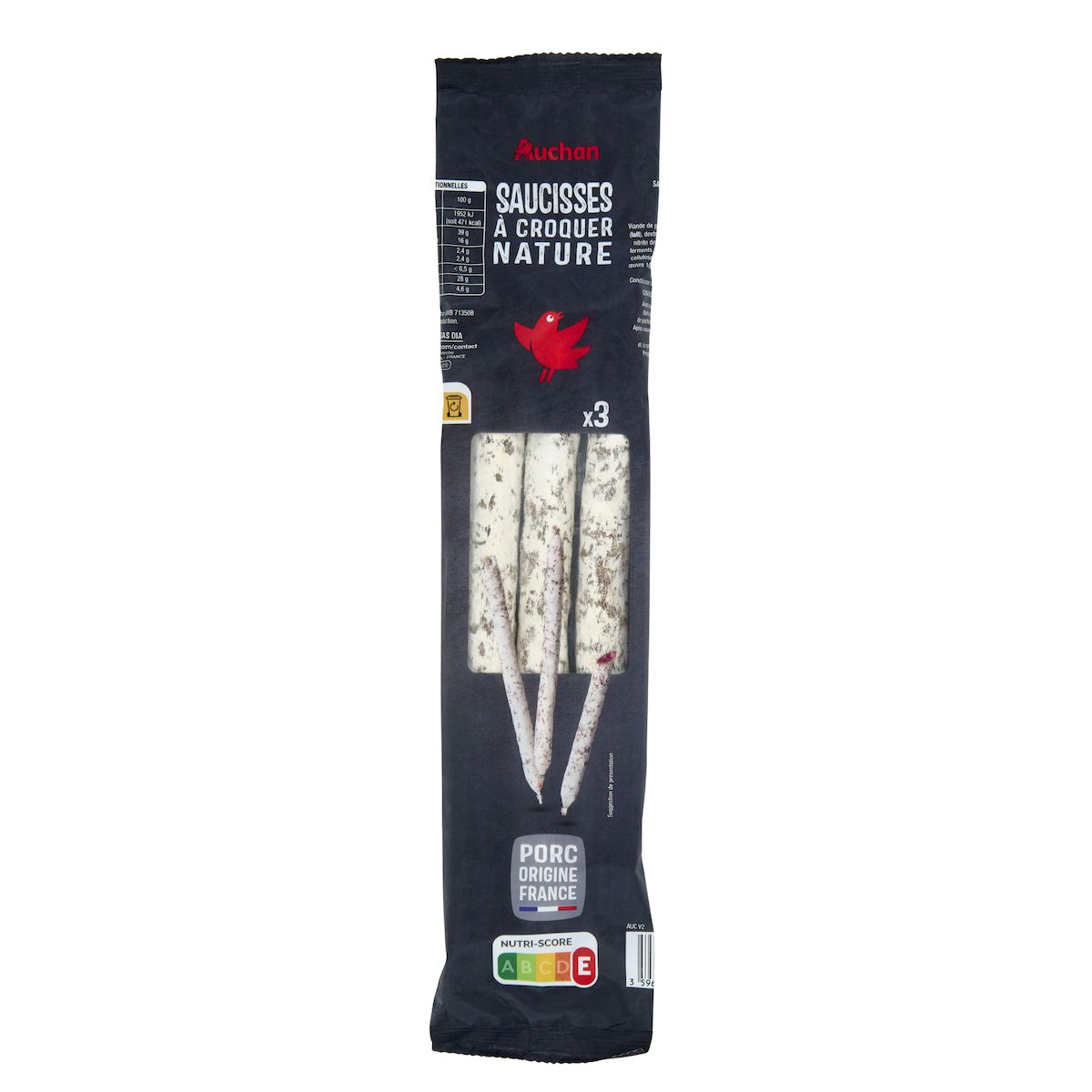AUCHAN Saucisses droites à croquer 3 pièces 150g