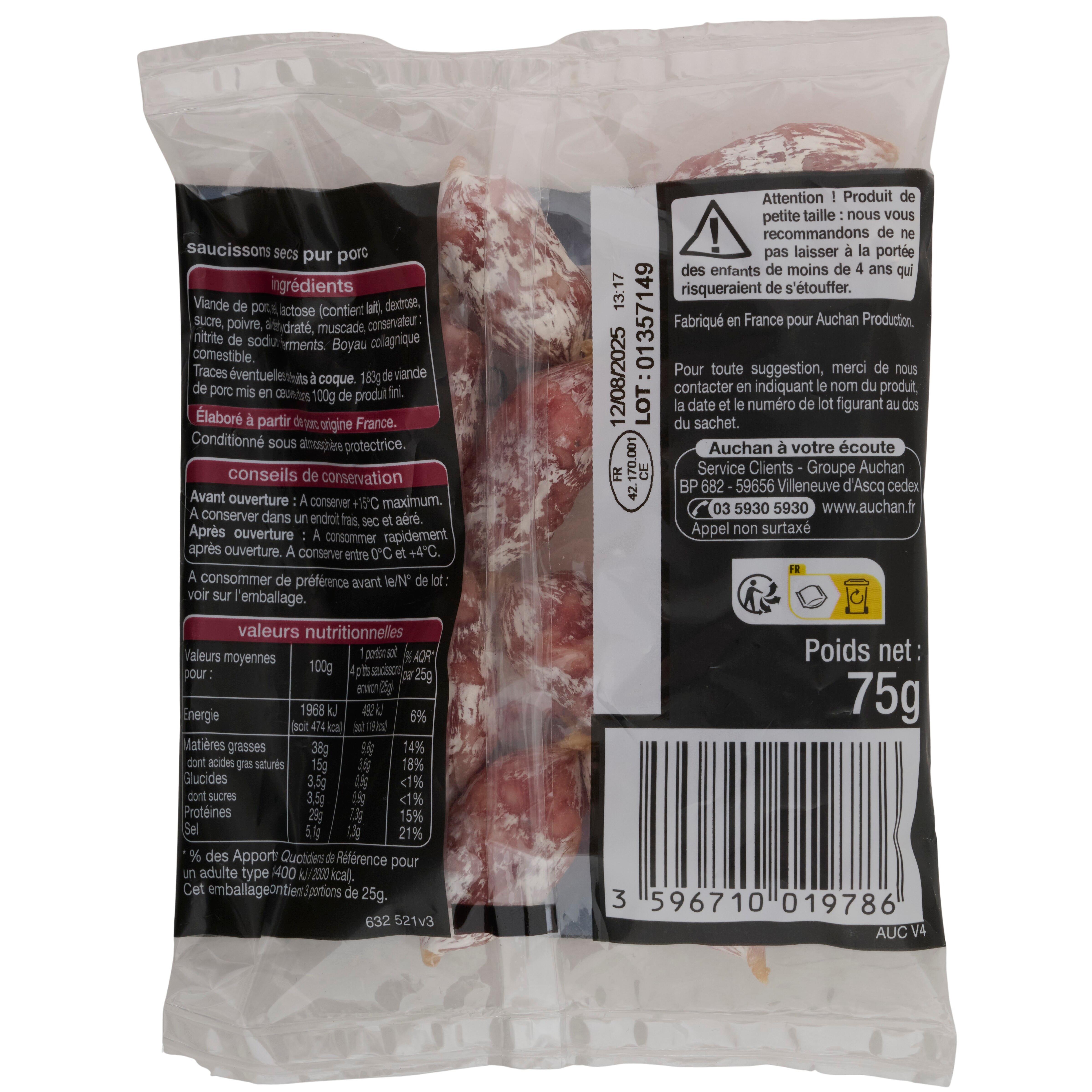 Voir la diapositive 2 : AUCHAN P'tits saucissons secs 12 pièces 75g