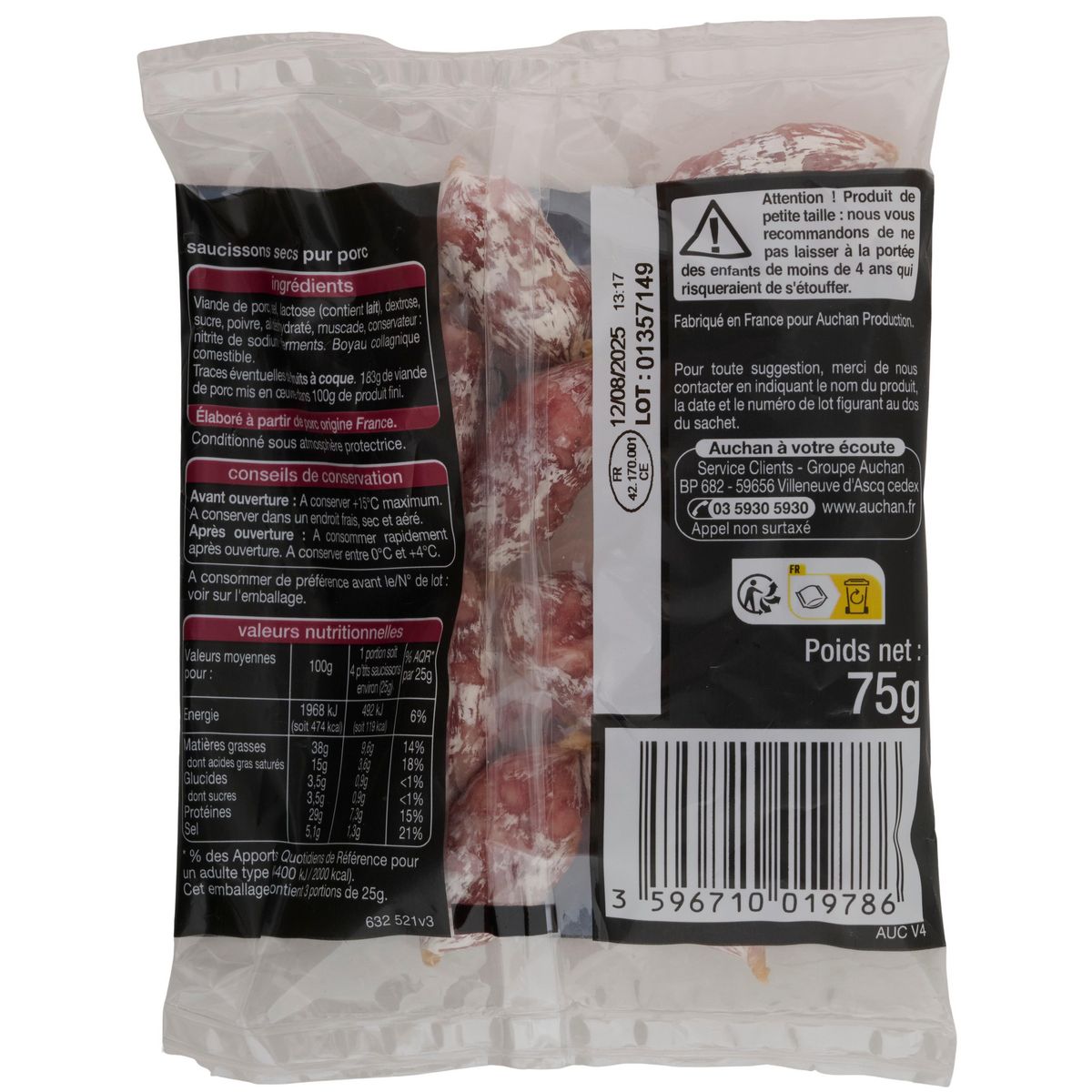 AUCHAN P'tits saucissons secs 12 pièces 75g