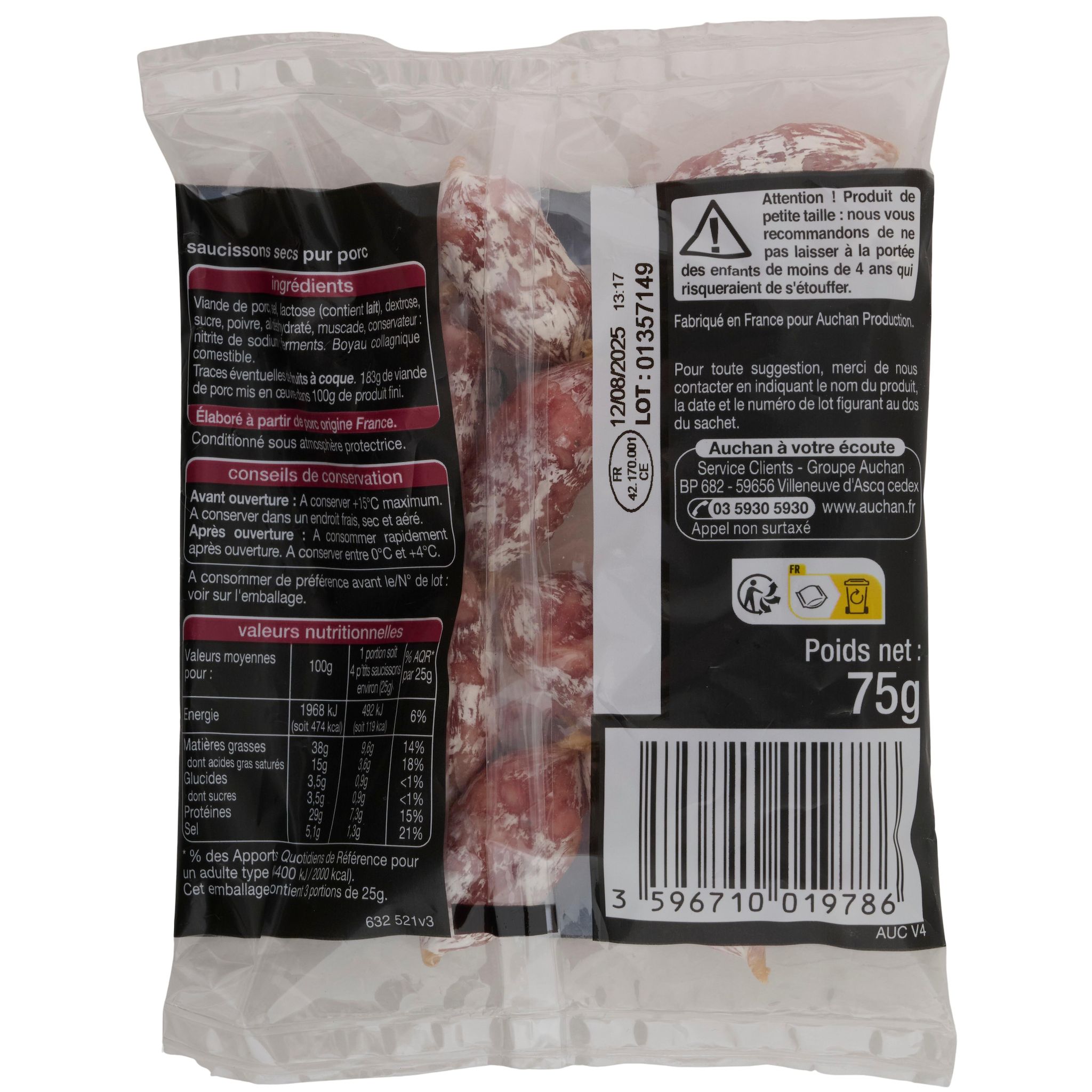 Voir la diapositive 3 : AUCHAN P'tits saucissons secs 12 pièces 75g