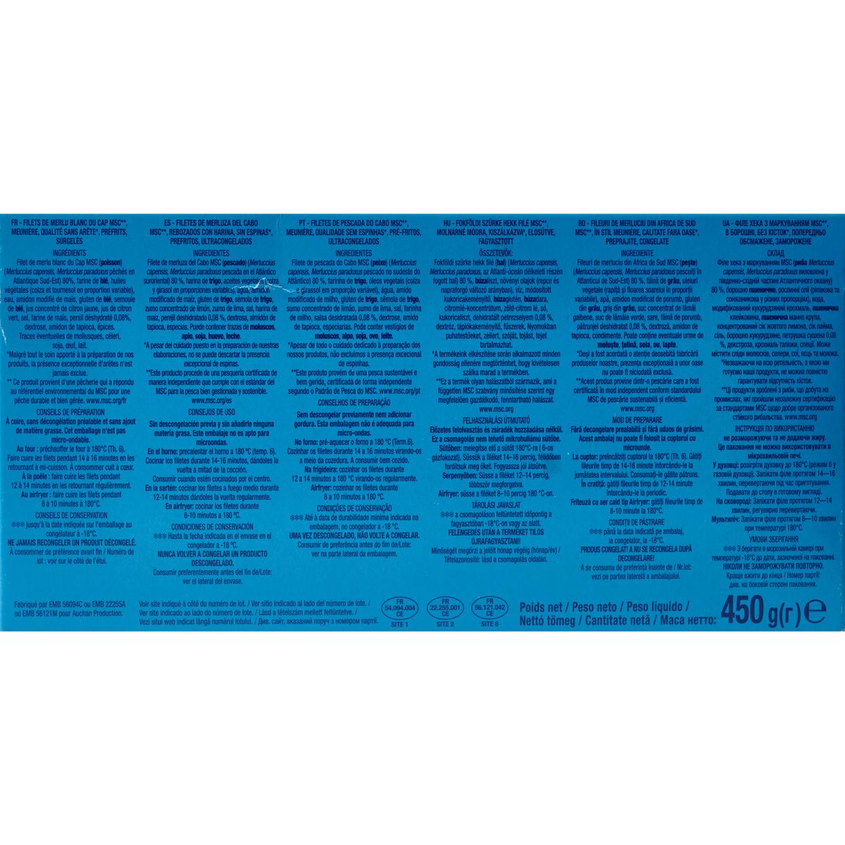 AUCHAN Filet de merlu blanc façon meunière 4/6 pièces 450g