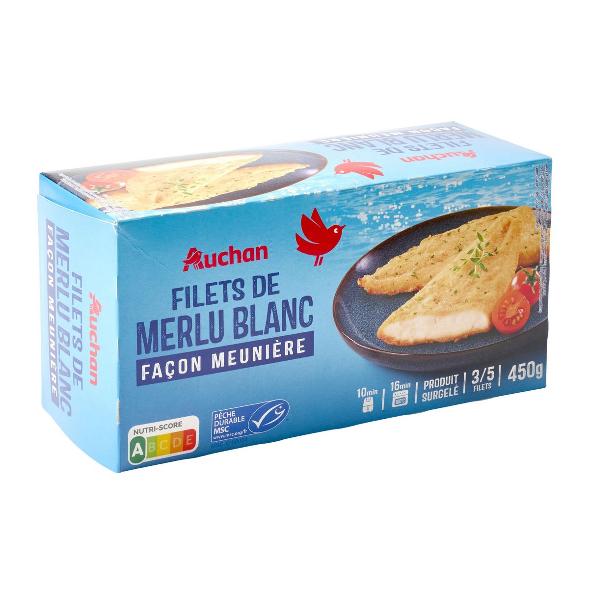 AUCHAN Filet de merlu blanc façon meunière 4/6 pièces 450g
