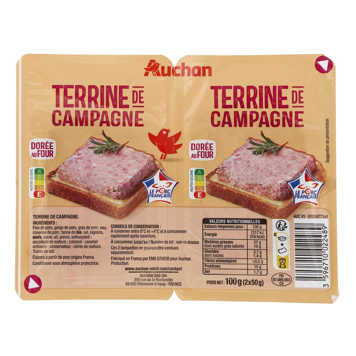 AUCHAN Terrine de campagne de qualité supérieure 2x50g