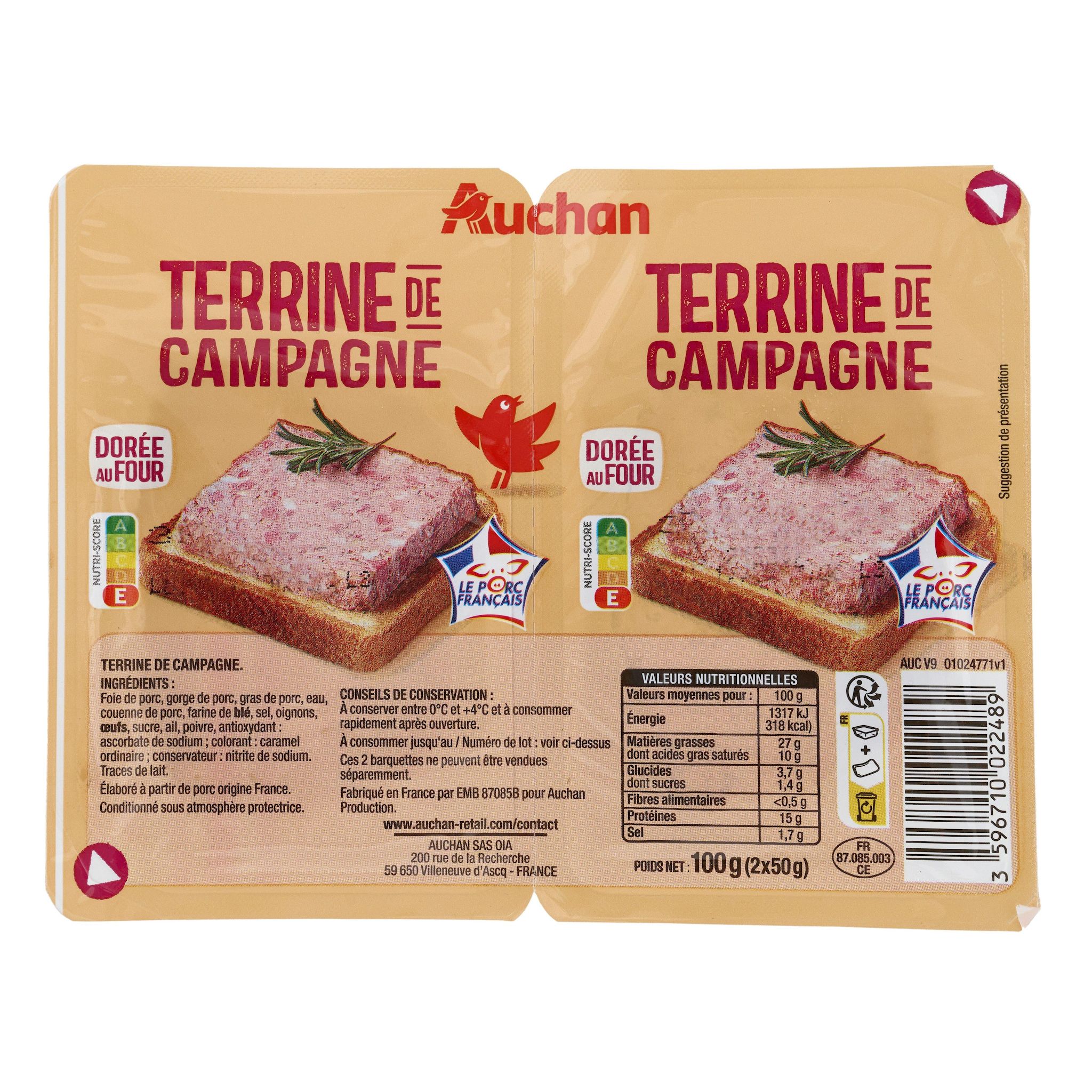 Voir la diapositive 2 : AUCHAN Terrine de campagne de qualité supérieure 2x50g