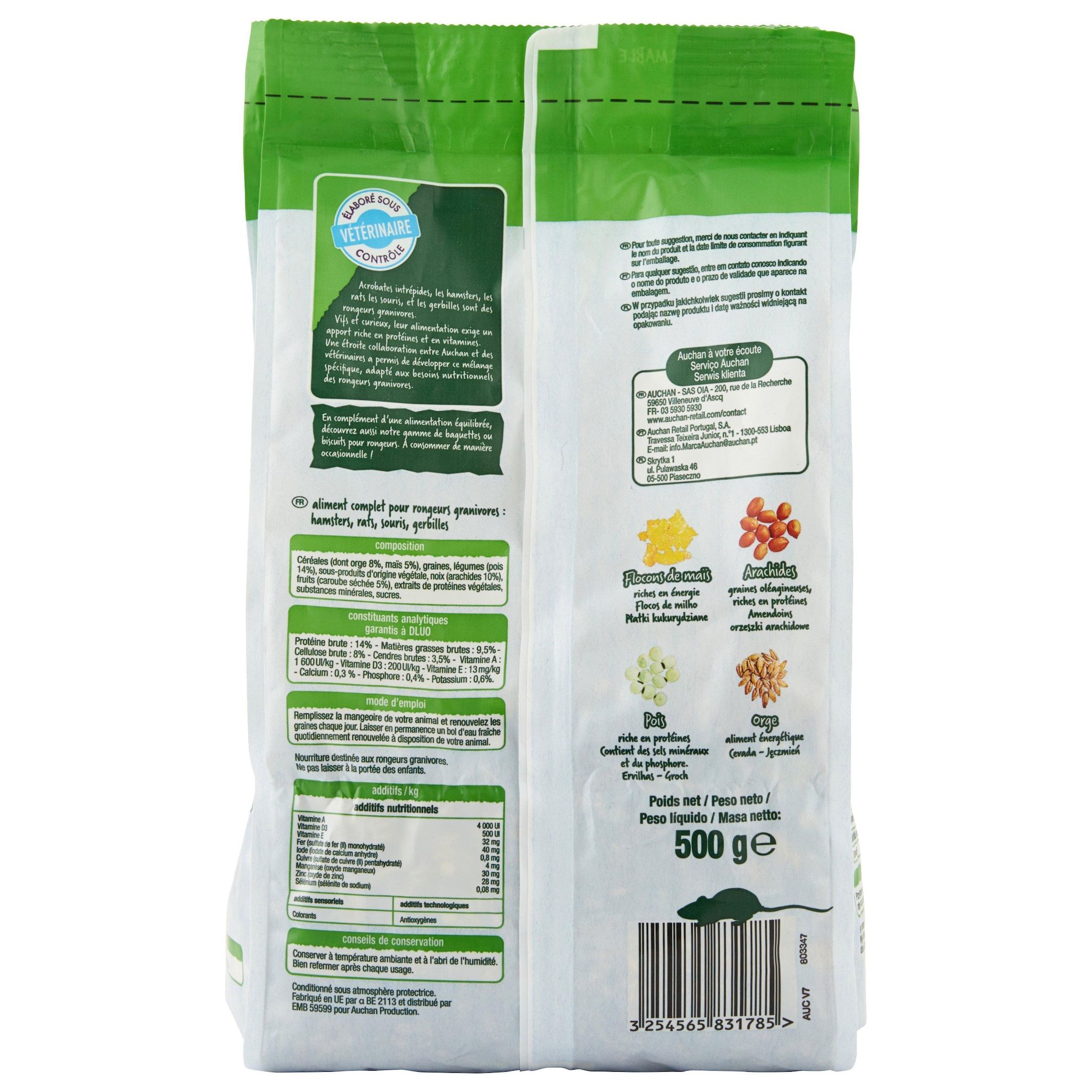 Voir la diapositive 2 : AUCHAN Repas complet pour hamsters rats souris et gerbilles 500g