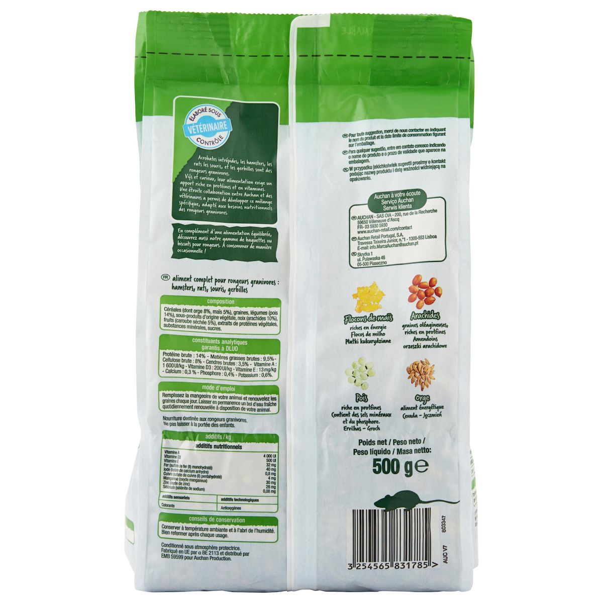 AUCHAN Repas complet pour hamsters rats souris et gerbilles 500g