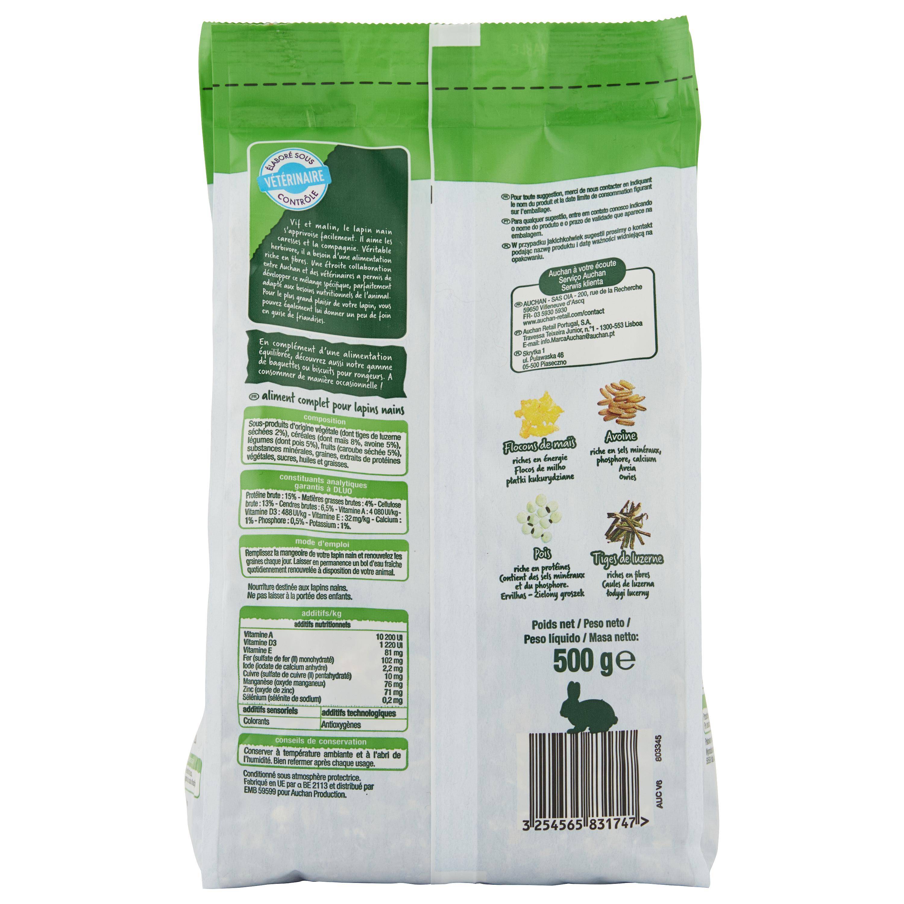 Voir la diapositive 3 : AUCHAN Repas complet pour lapins nains 500g