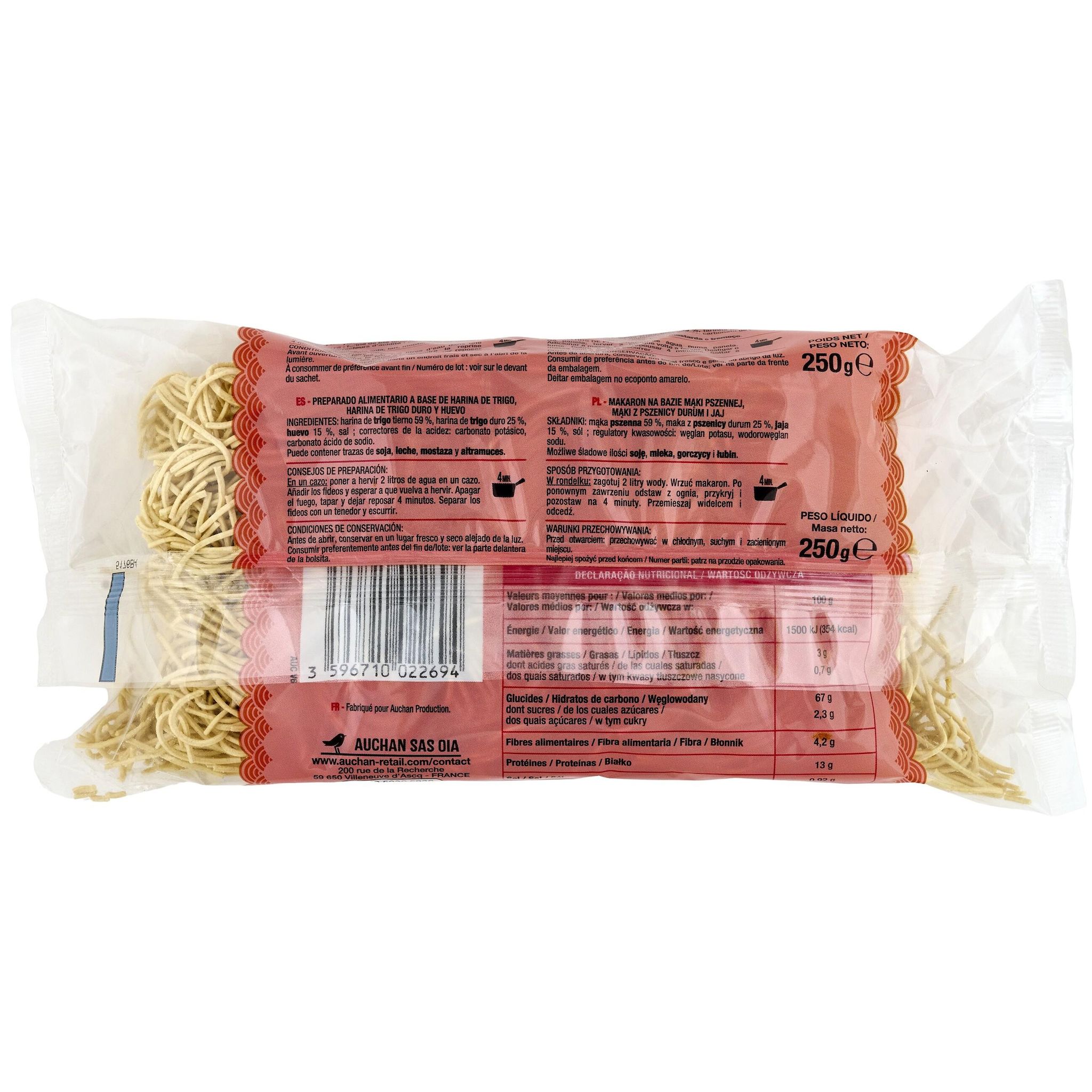 Voir la diapositive 3 : AUCHAN Nouilles chinoises aux œufs 3 personnes 250g