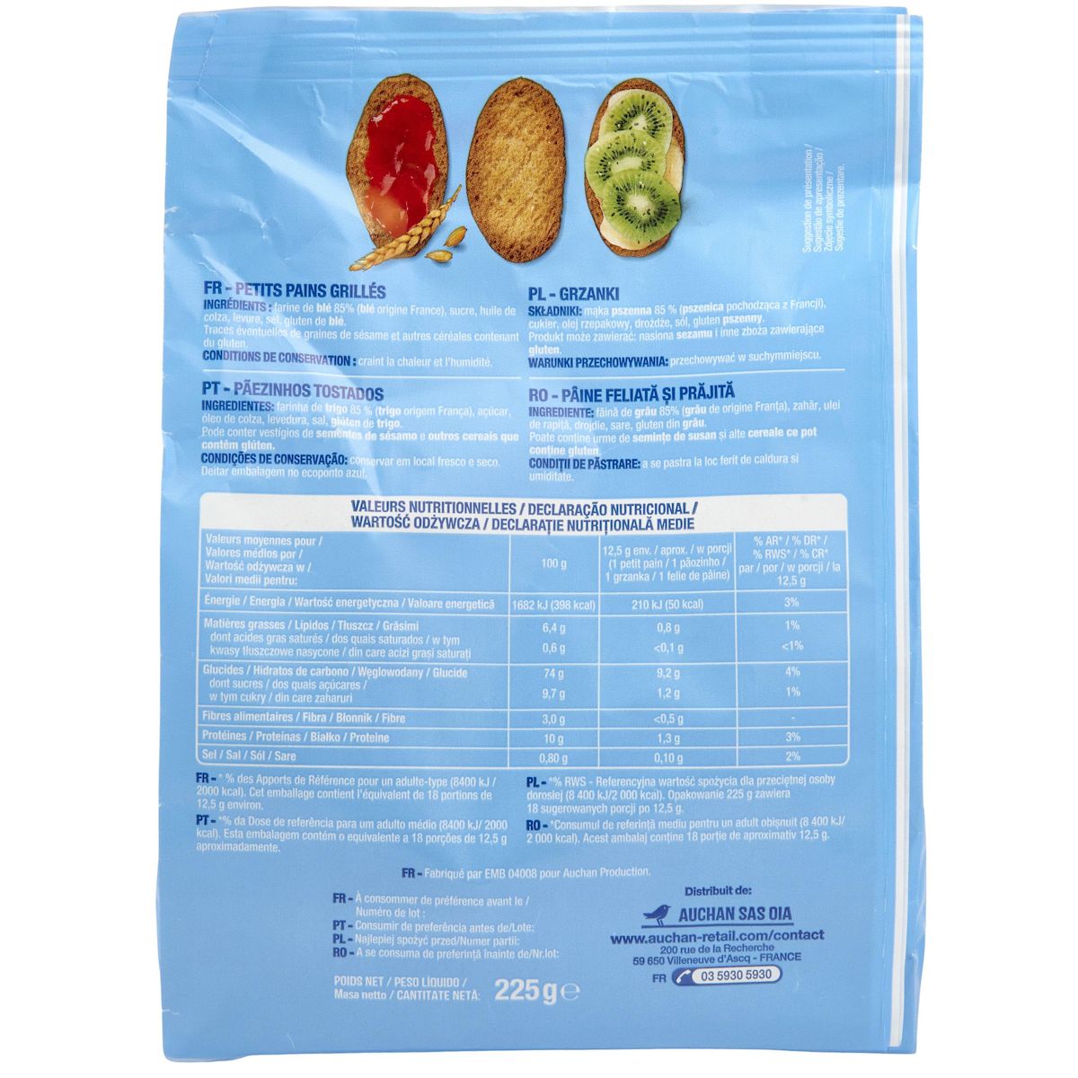 AUCHAN Petits pains grillés au froment sans huile de palme x17 225g