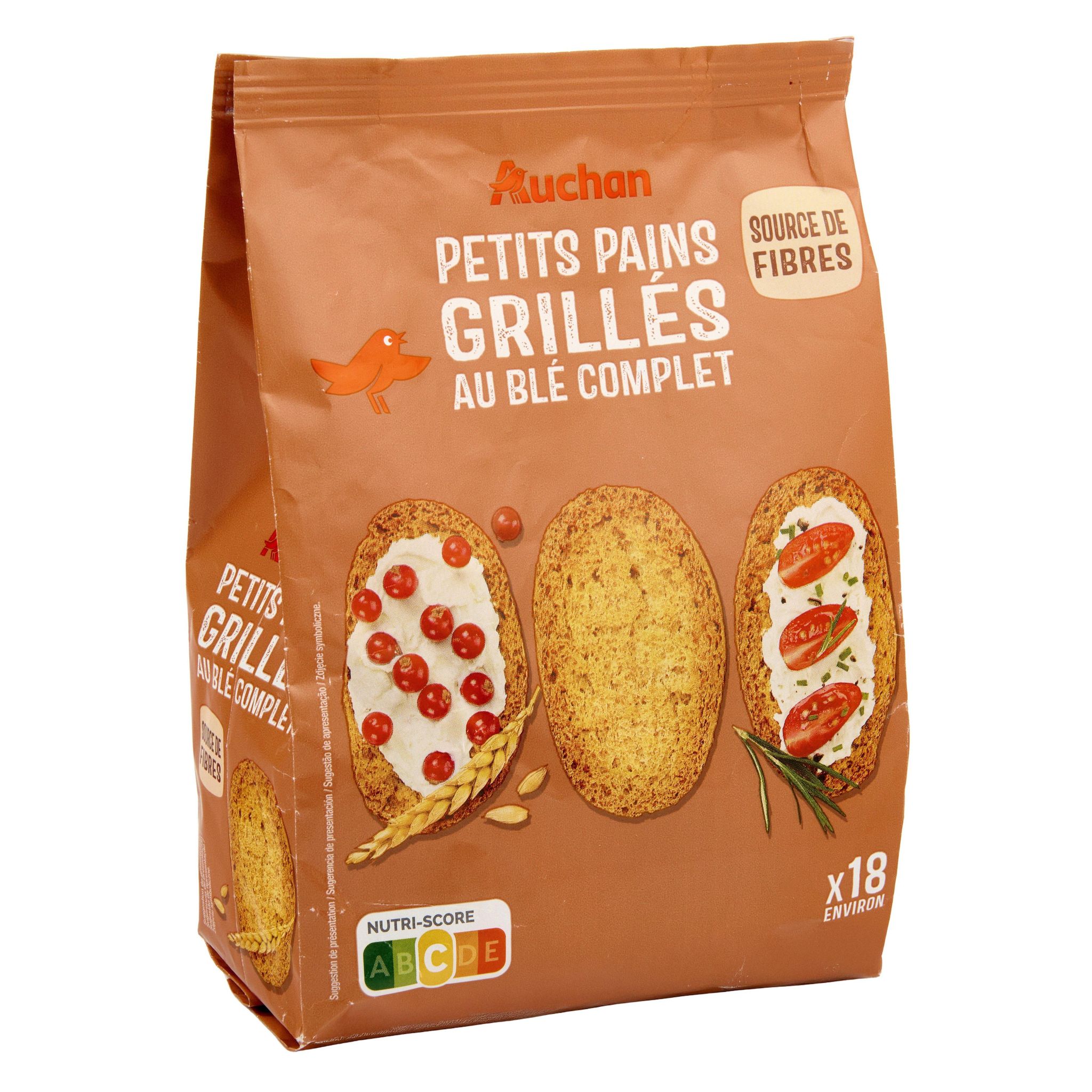 Voir la diapositive 3 : AUCHAN Petits pains grillés au blé complet sans huile de palme environ 18 petits pains 225g