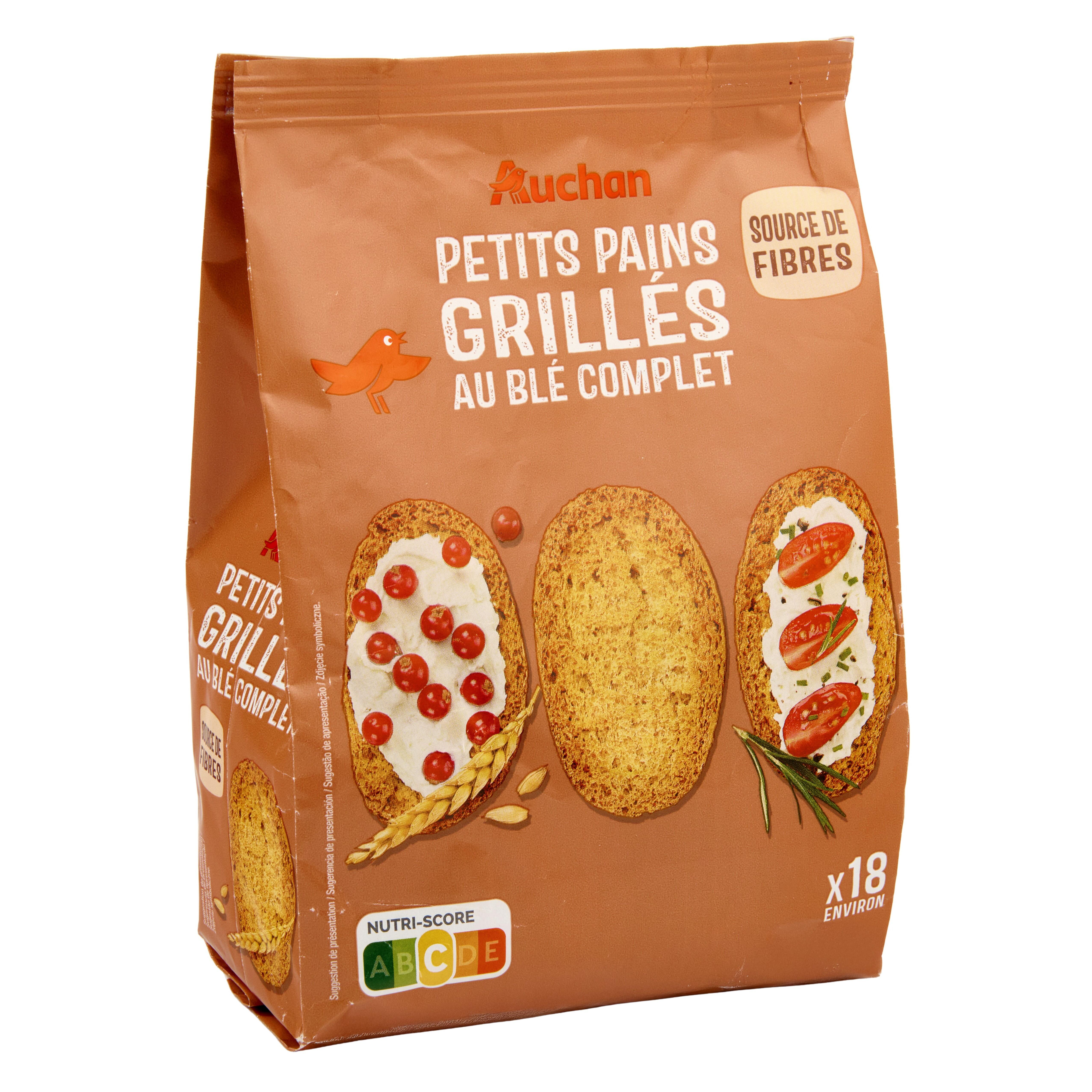 Voir la diapositive 5 : AUCHAN Petits pains grillés au blé complet sans huile de palme environ 18 petits pains 225g