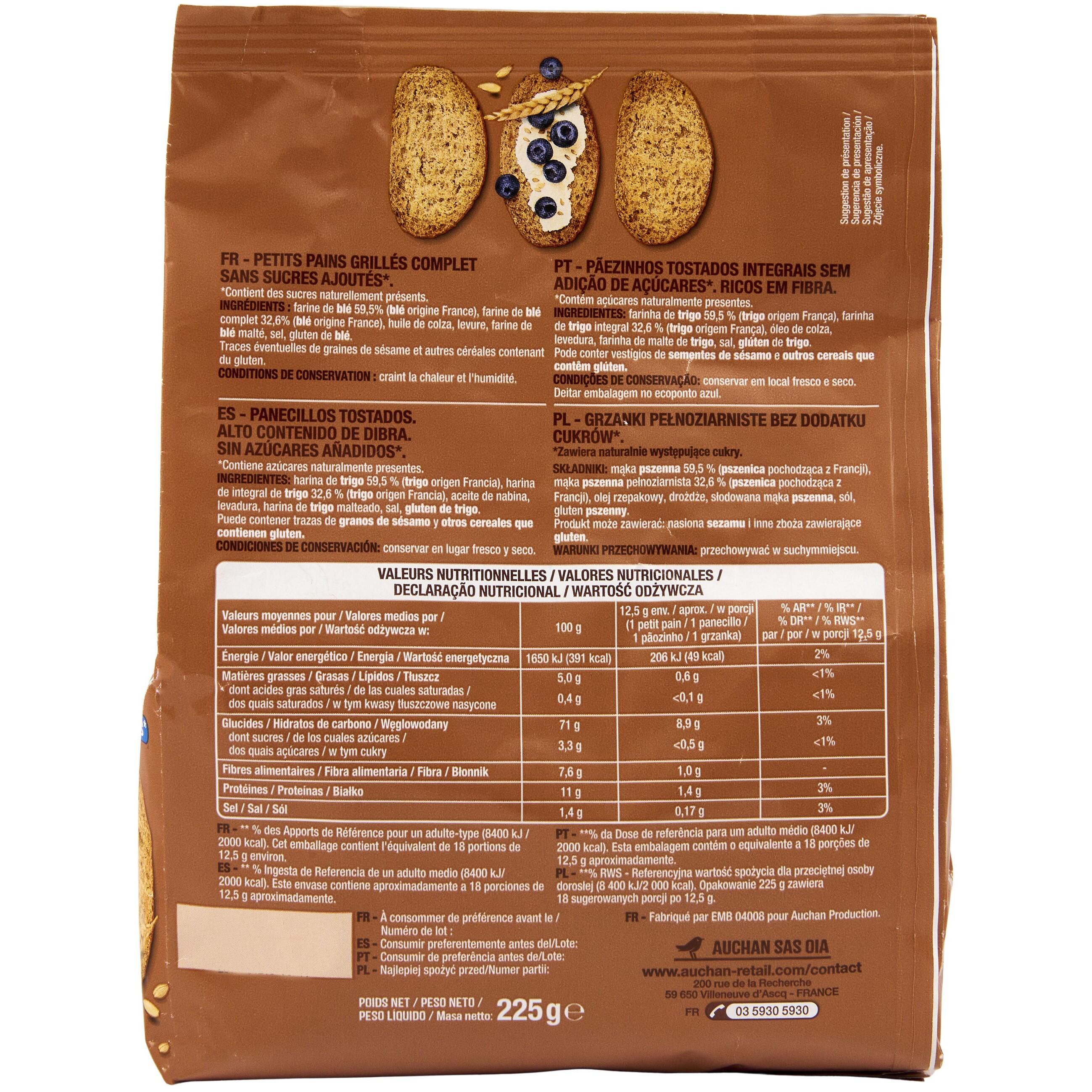 Voir la diapositive 3 : AUCHAN Petits pains grillés au blé complet sans sucres ajoutés x18 225g