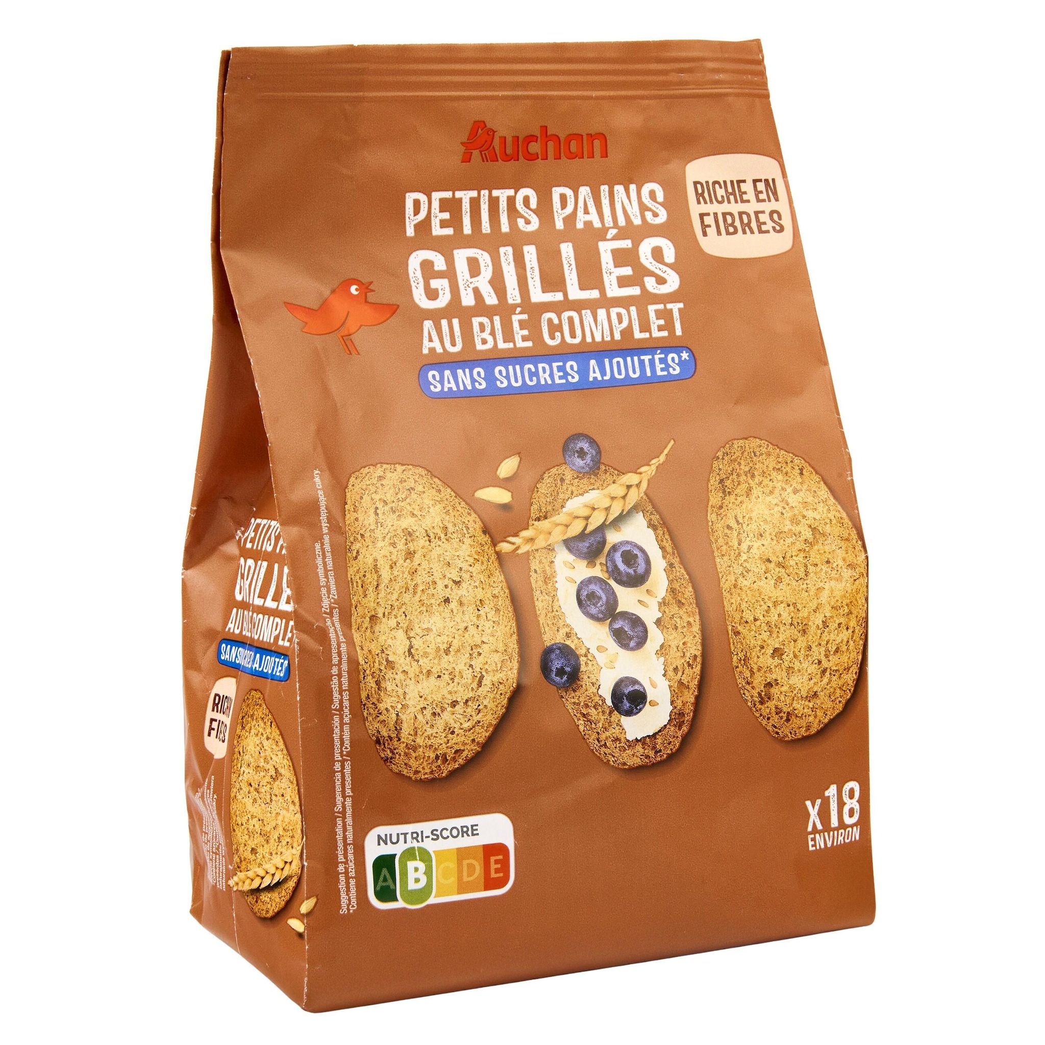 Voir la diapositive 5 : AUCHAN Petits pains grillés au blé complet sans sucres ajoutés x18 225g