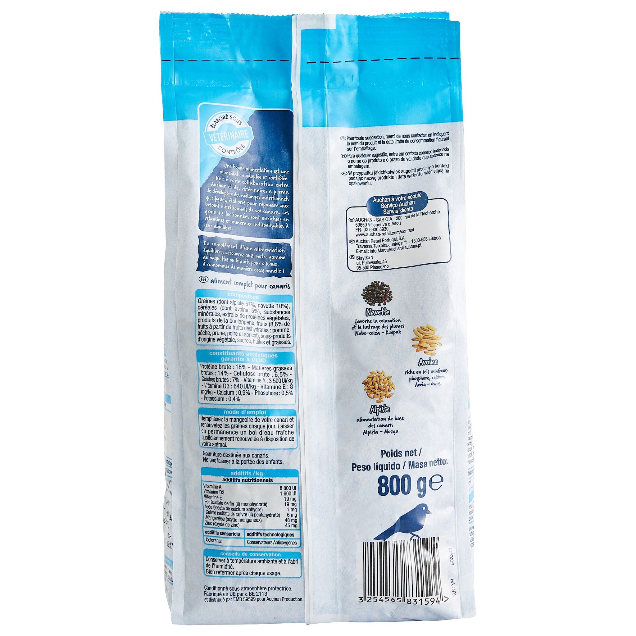 Voir la diapositive 3 : AUCHAN Repas complet graines pour canaris 800g