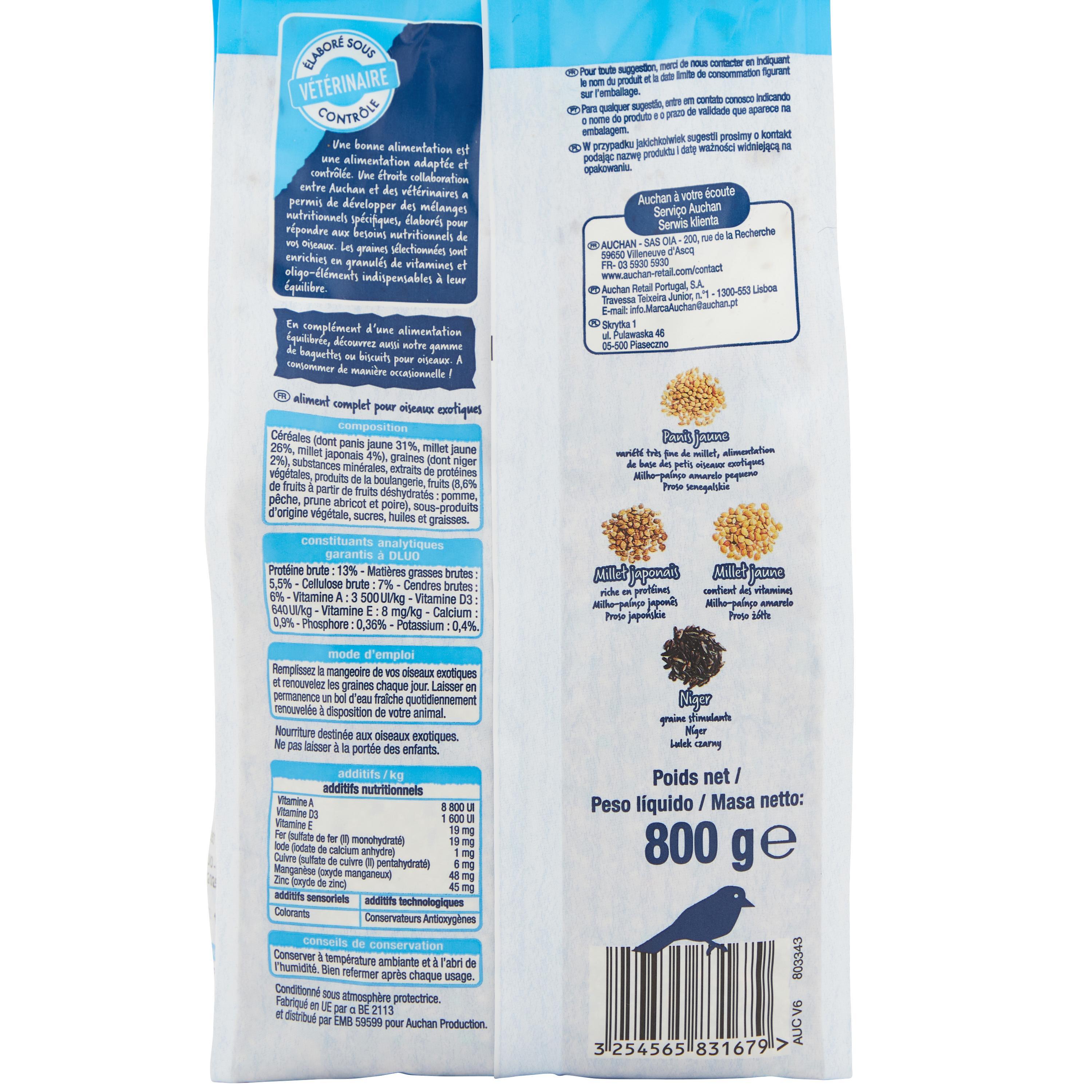 Voir la diapositive 2 : AUCHAN Menu complet pour oiseaux exotiques 800g