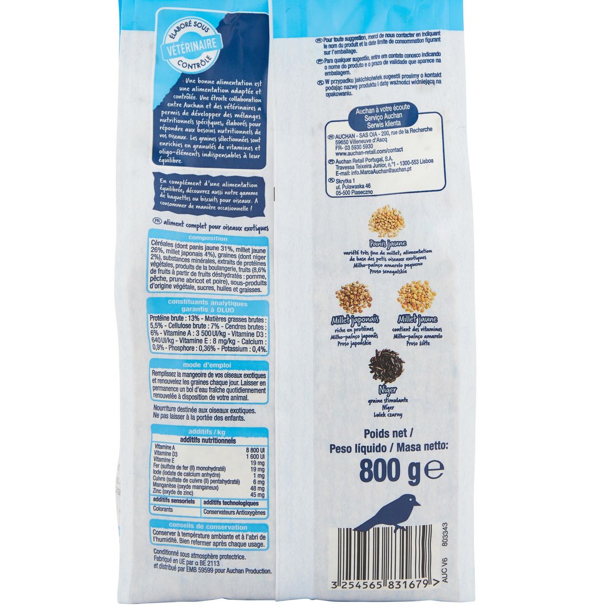 AUCHAN Menu complet pour oiseaux exotiques 800g