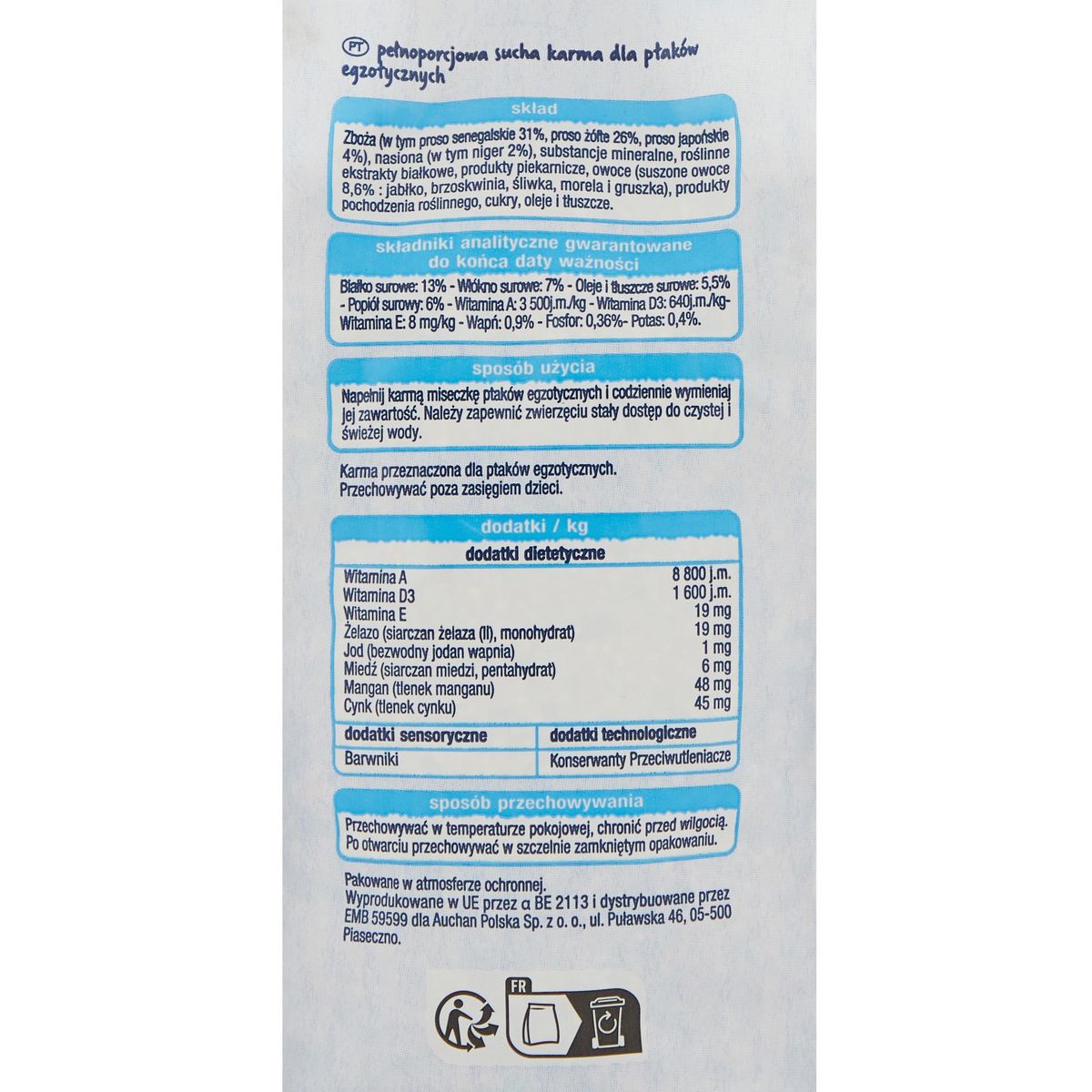 AUCHAN Menu complet pour oiseaux exotiques 800g