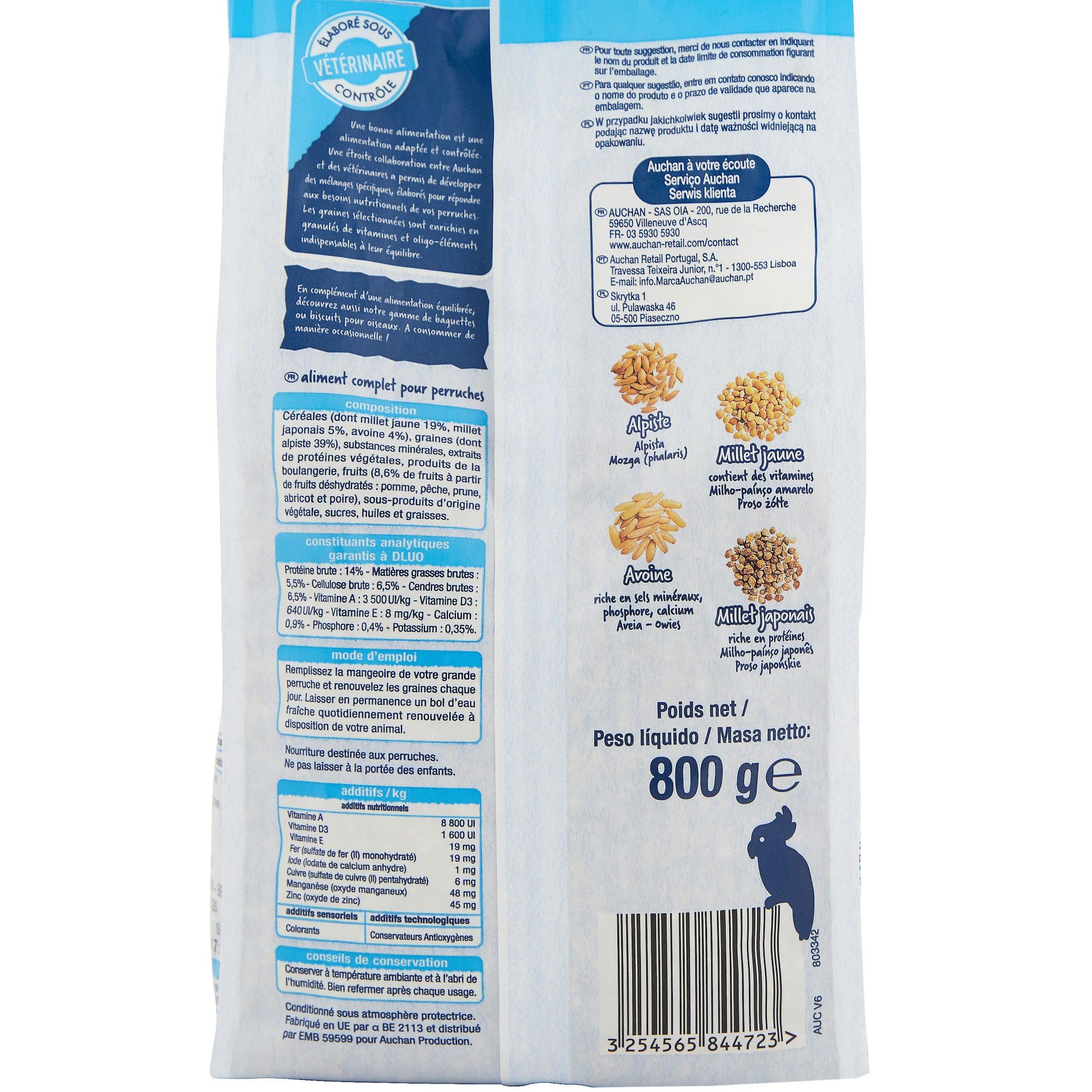 Voir la diapositive 3 : AUCHAN Graines pour perruches 800g