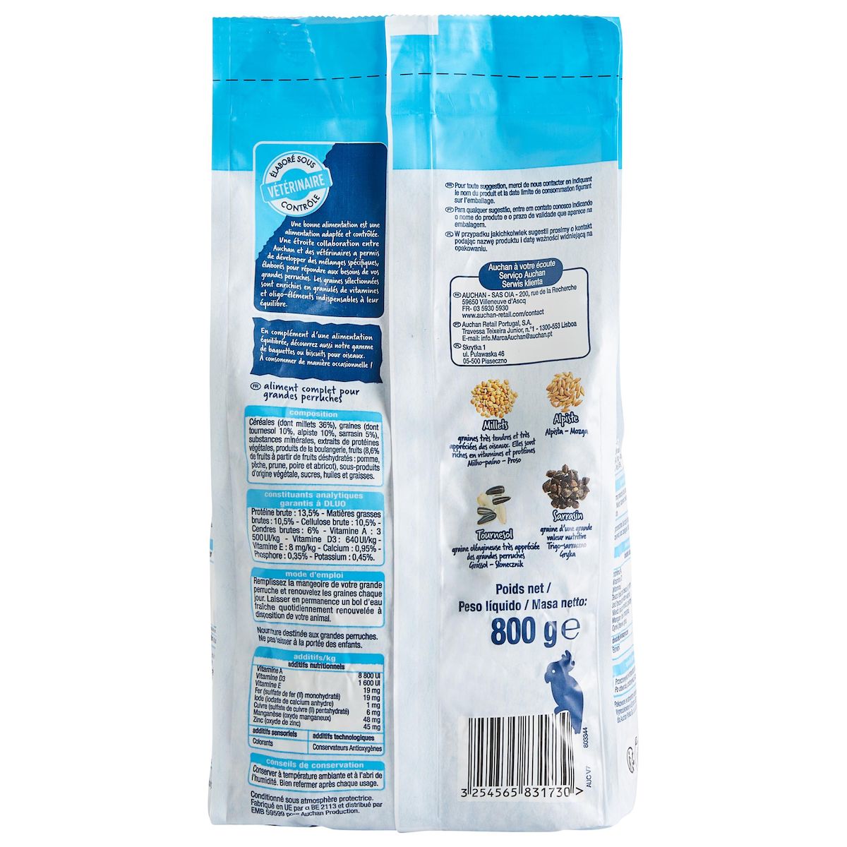 AUCHAN Repas complet graines pour grandes perruches 800g