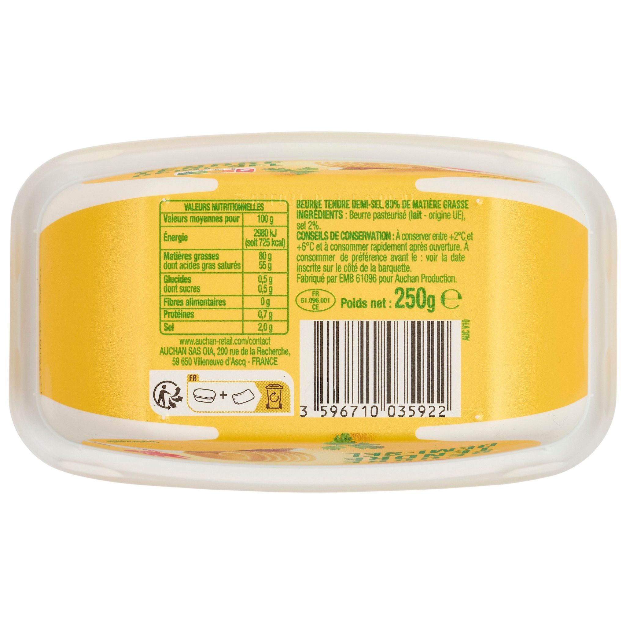 Voir la diapositive 2 : AUCHAN Beurre tendre demi sel 80%MG 250g