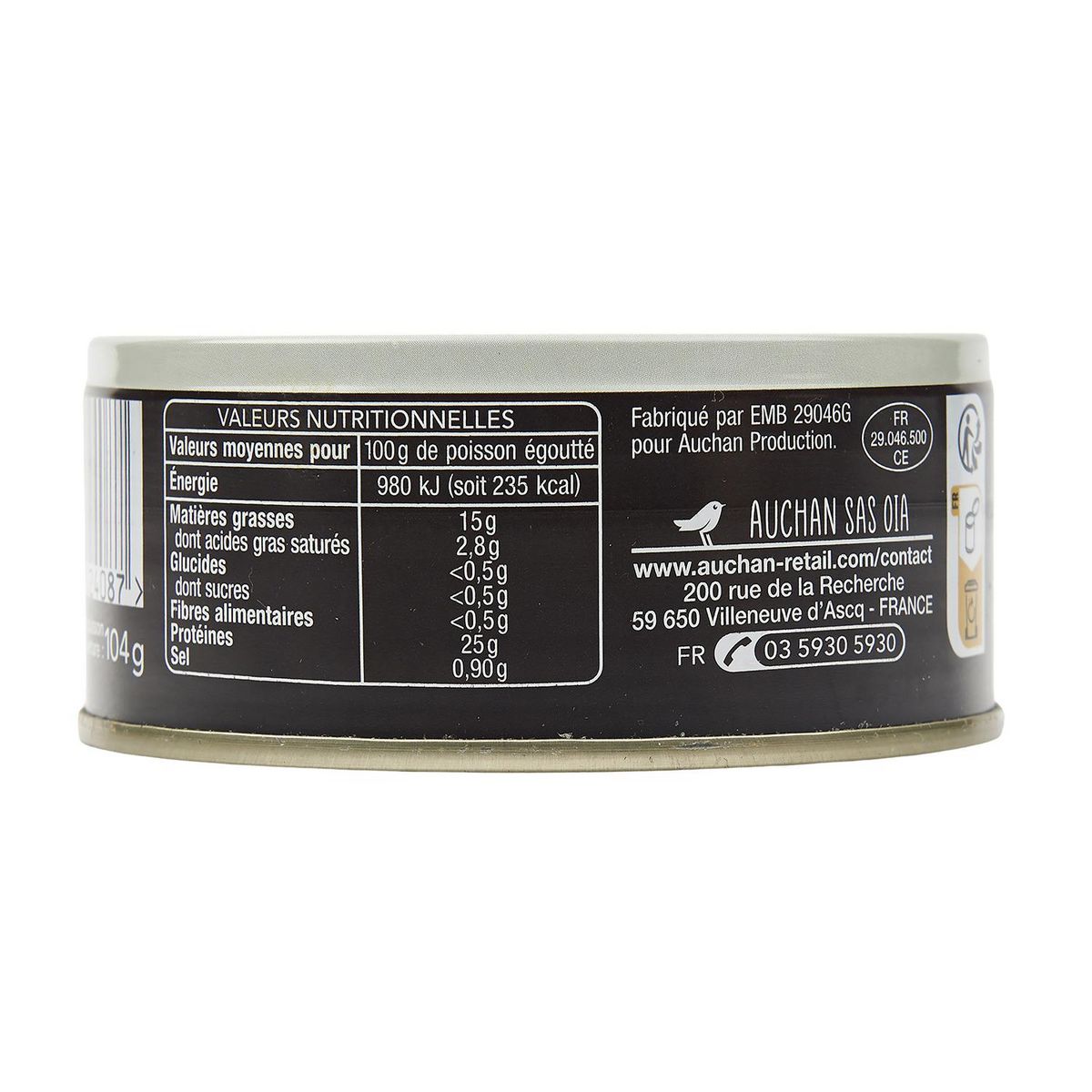 AUCHAN TERROIR Thon blanc entier à l'huile d'olive vierge extra A table en Bretagne 104g