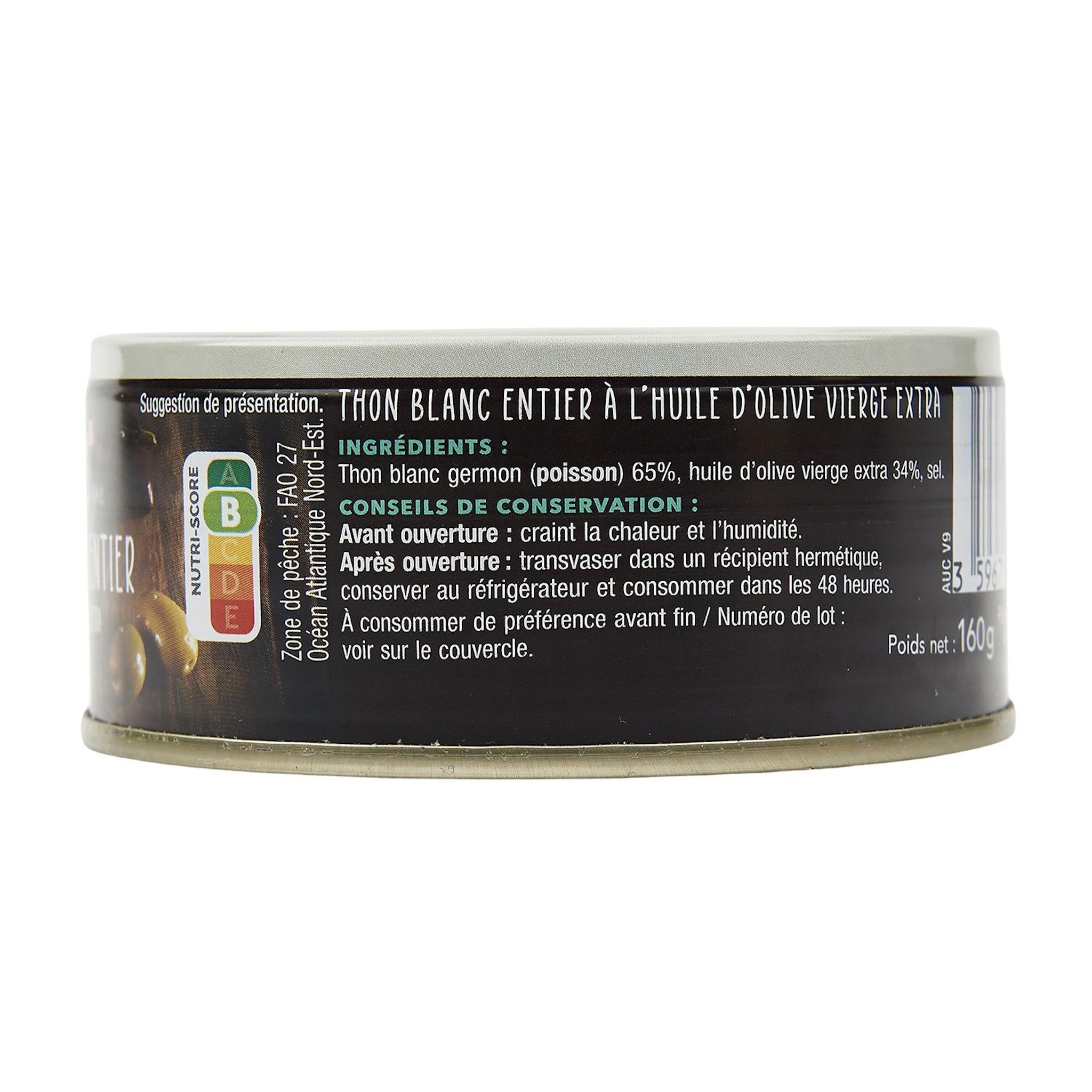Voir la diapositive 3 : AUCHAN TERROIR Thon blanc entier à l'huile d'olive vierge extra A table en Bretagne 104g