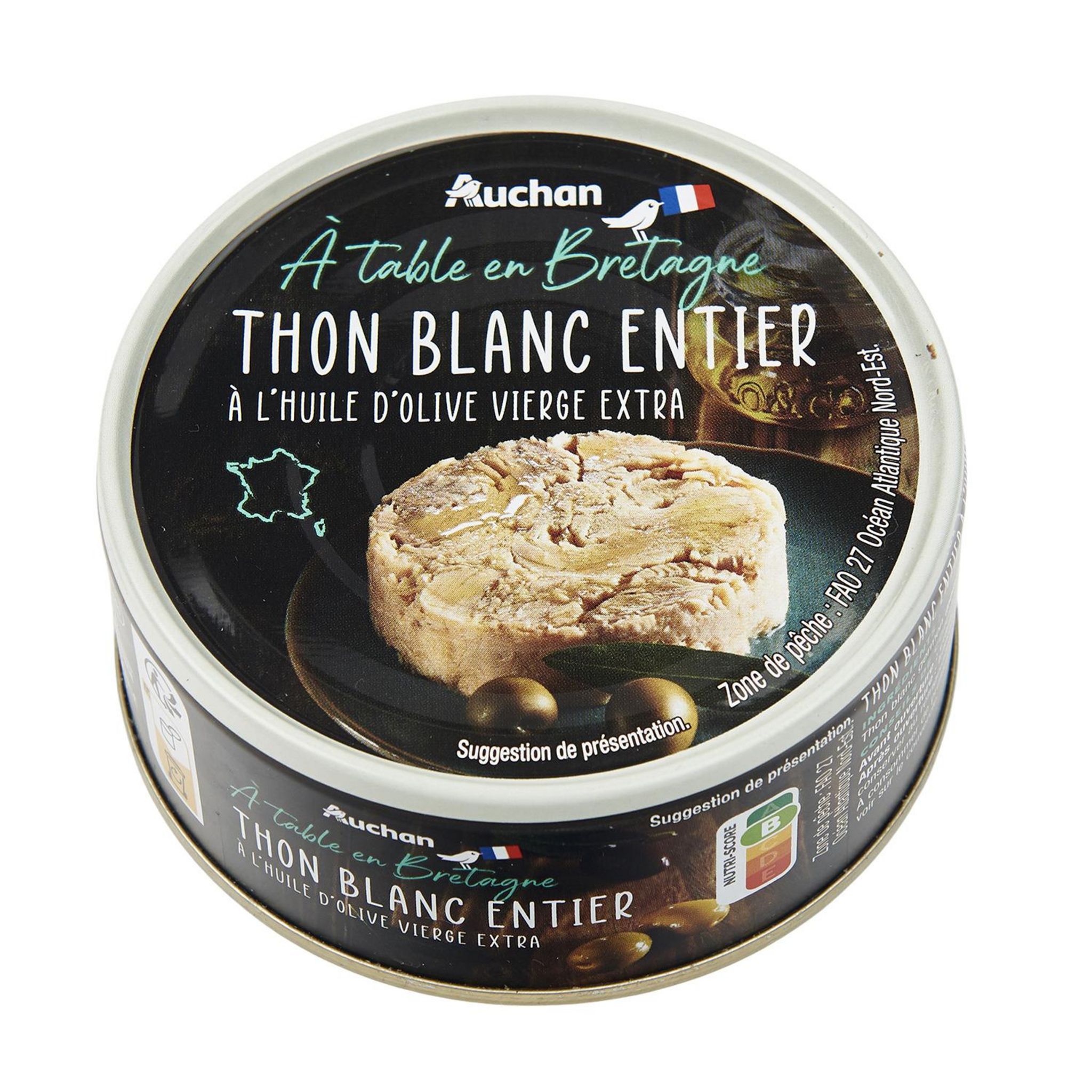 Voir la diapositive 4 : AUCHAN TERROIR Thon blanc entier à l'huile d'olive vierge extra A table en Bretagne 104g