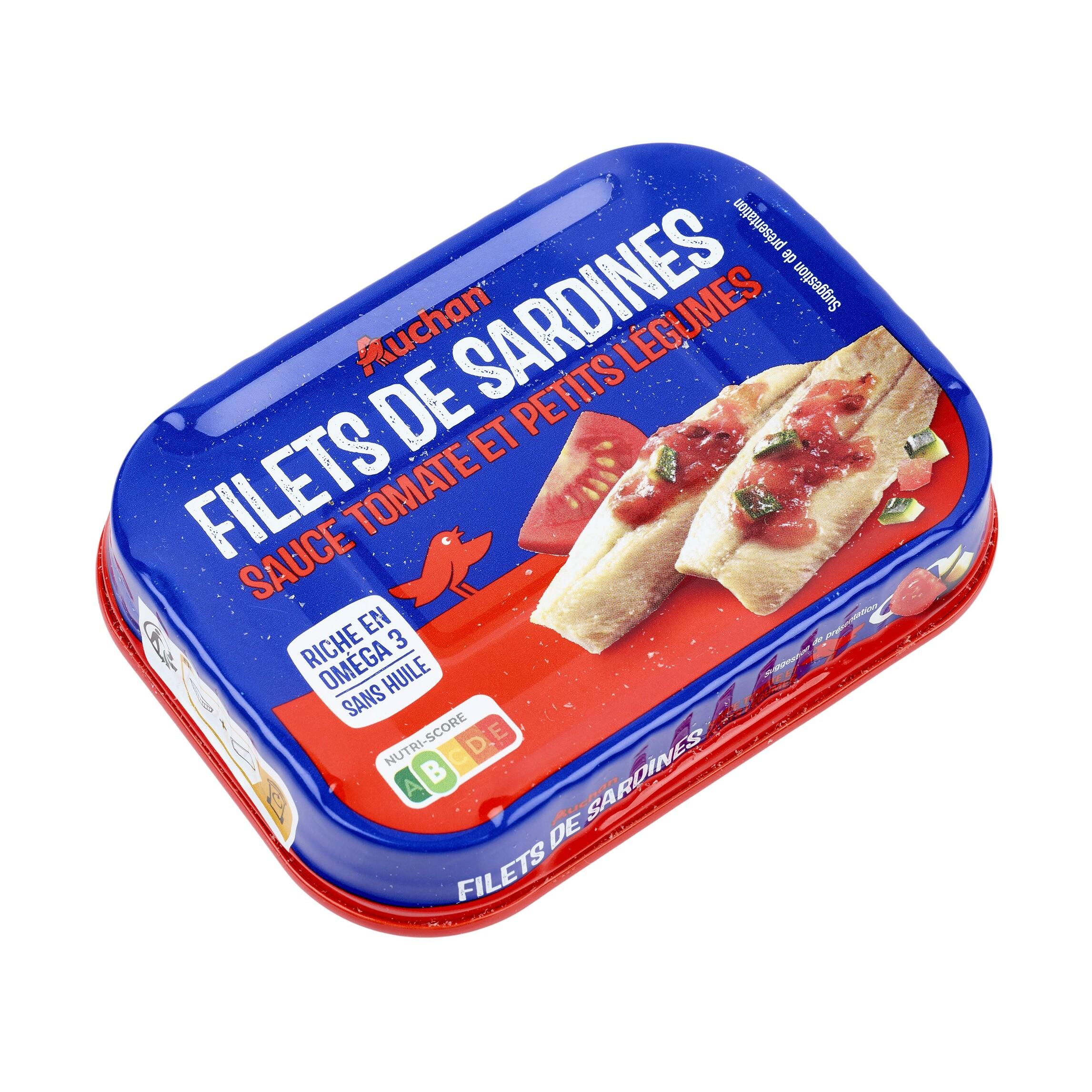 Voir la diapositive 2 : AUCHAN Filets de sardines tomate et petits légumes sans huile 100g