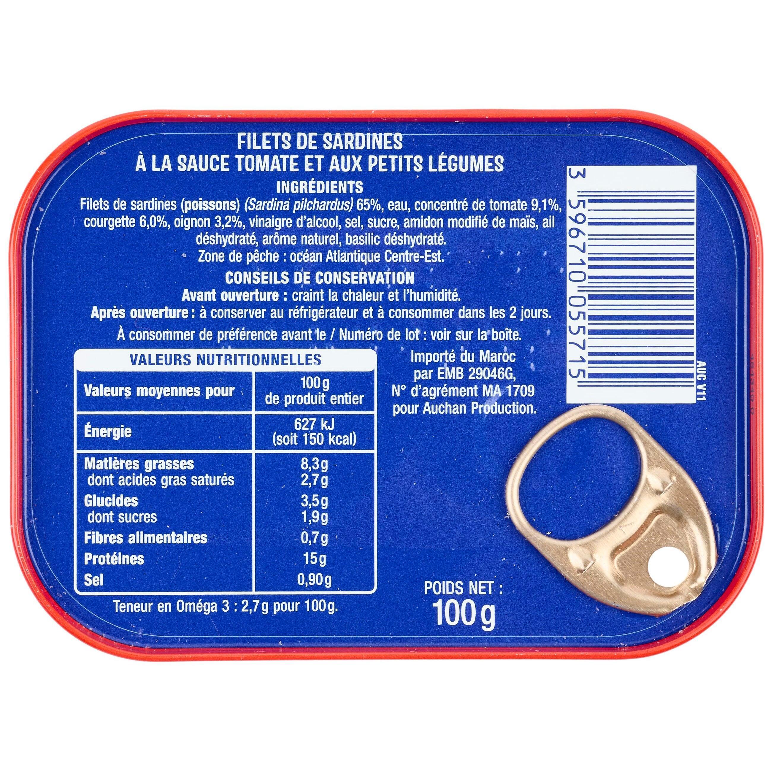 Voir la diapositive 3 : AUCHAN Filets de sardines tomate et petits légumes sans huile 100g