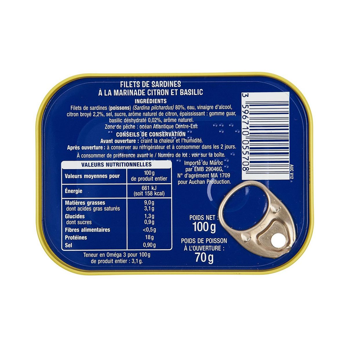 AUCHAN Filets de sardines sauce citron et basilic 100g
