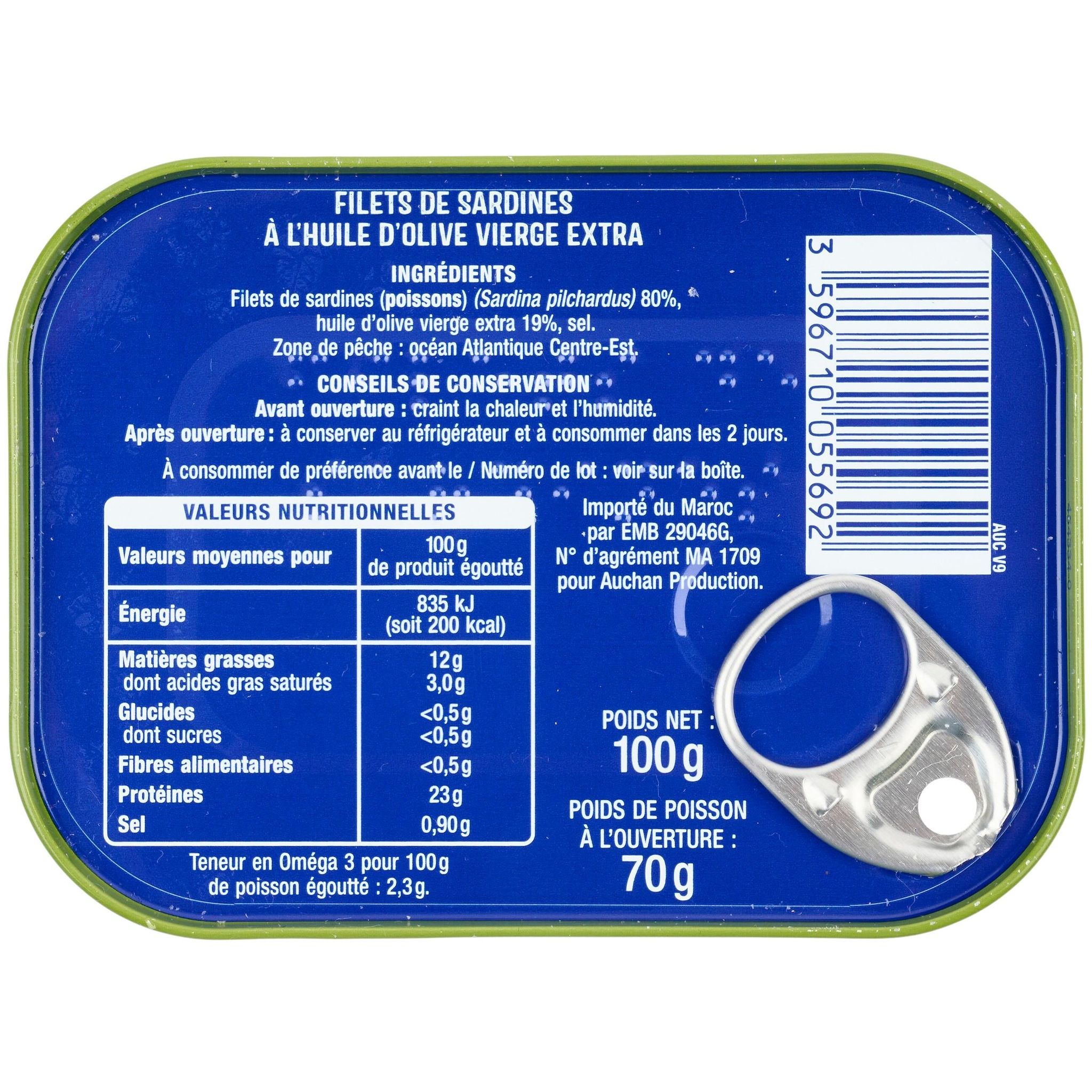 Voir la diapositive 2 : AUCHAN Filets de sardines à l'huile d'olive vierge extra 100g