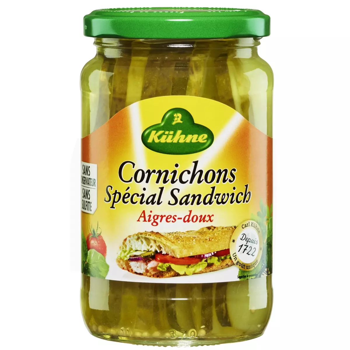 KUHNE Cornichons spécial sandwich aigres-doux sans conservateur sans sulfite 185g