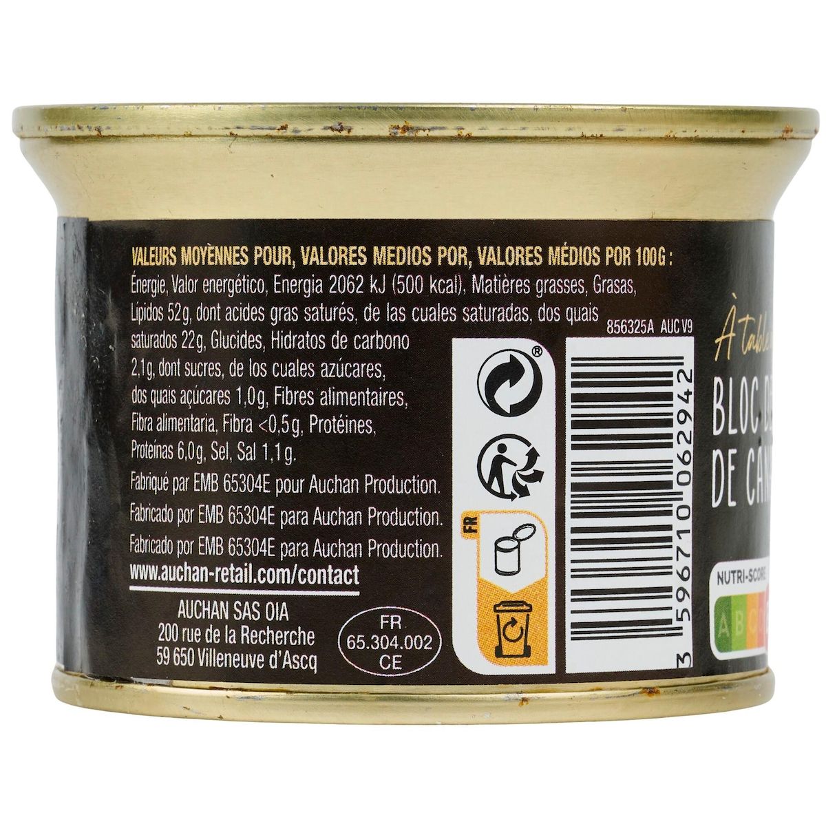AUCHAN TERROIR Bloc de foie gras de canard du Sud-Ouest 4 parts 150g