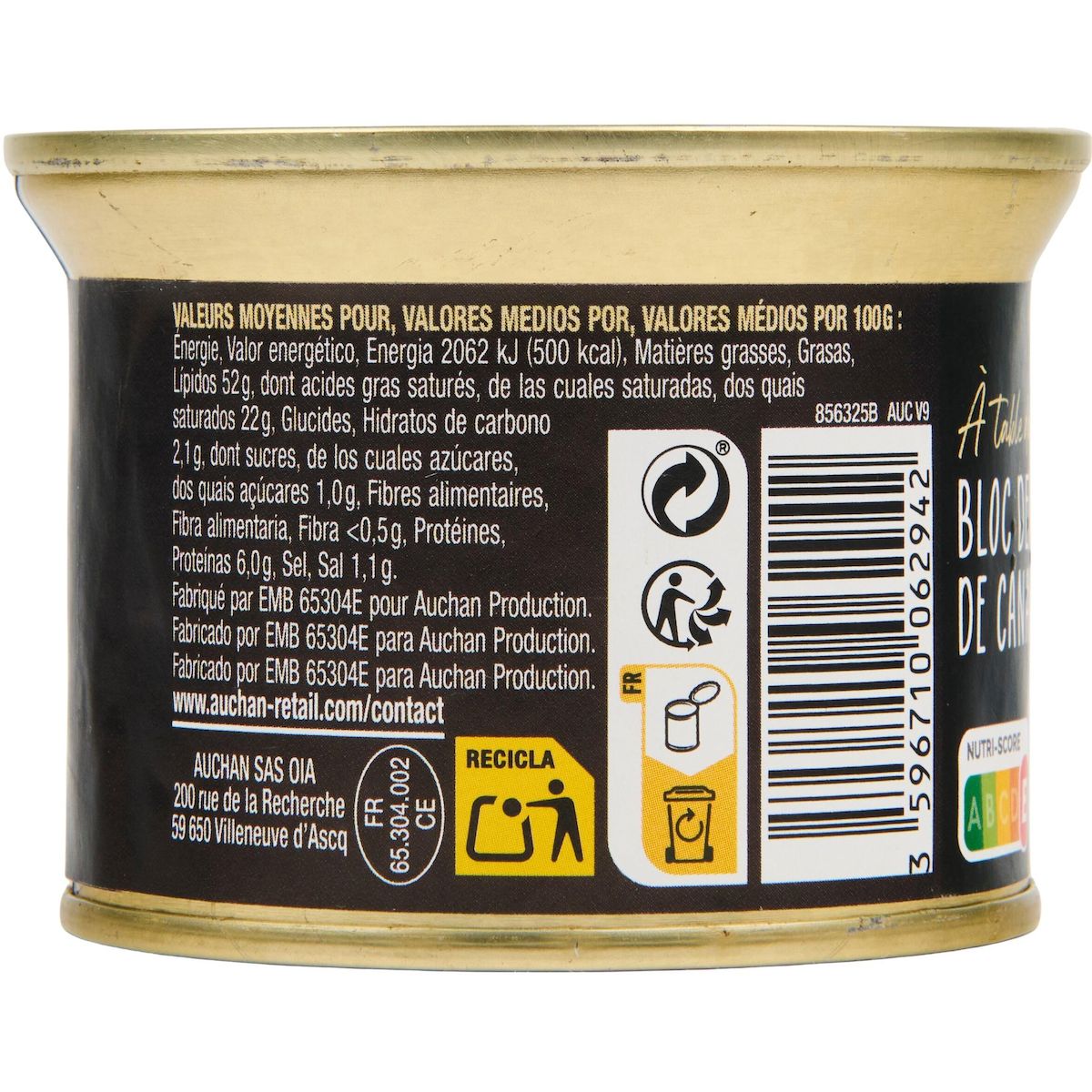 AUCHAN TERROIR Bloc de foie gras de canard du Sud-Ouest 4 parts 150g
