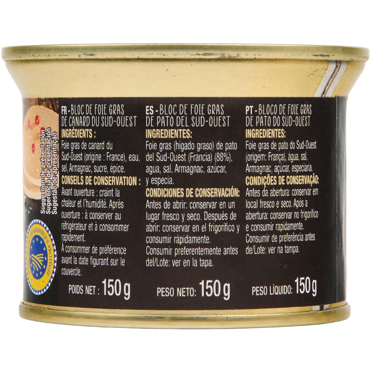 AUCHAN TERROIR Bloc de foie gras de canard du Sud-Ouest 4 parts 150g