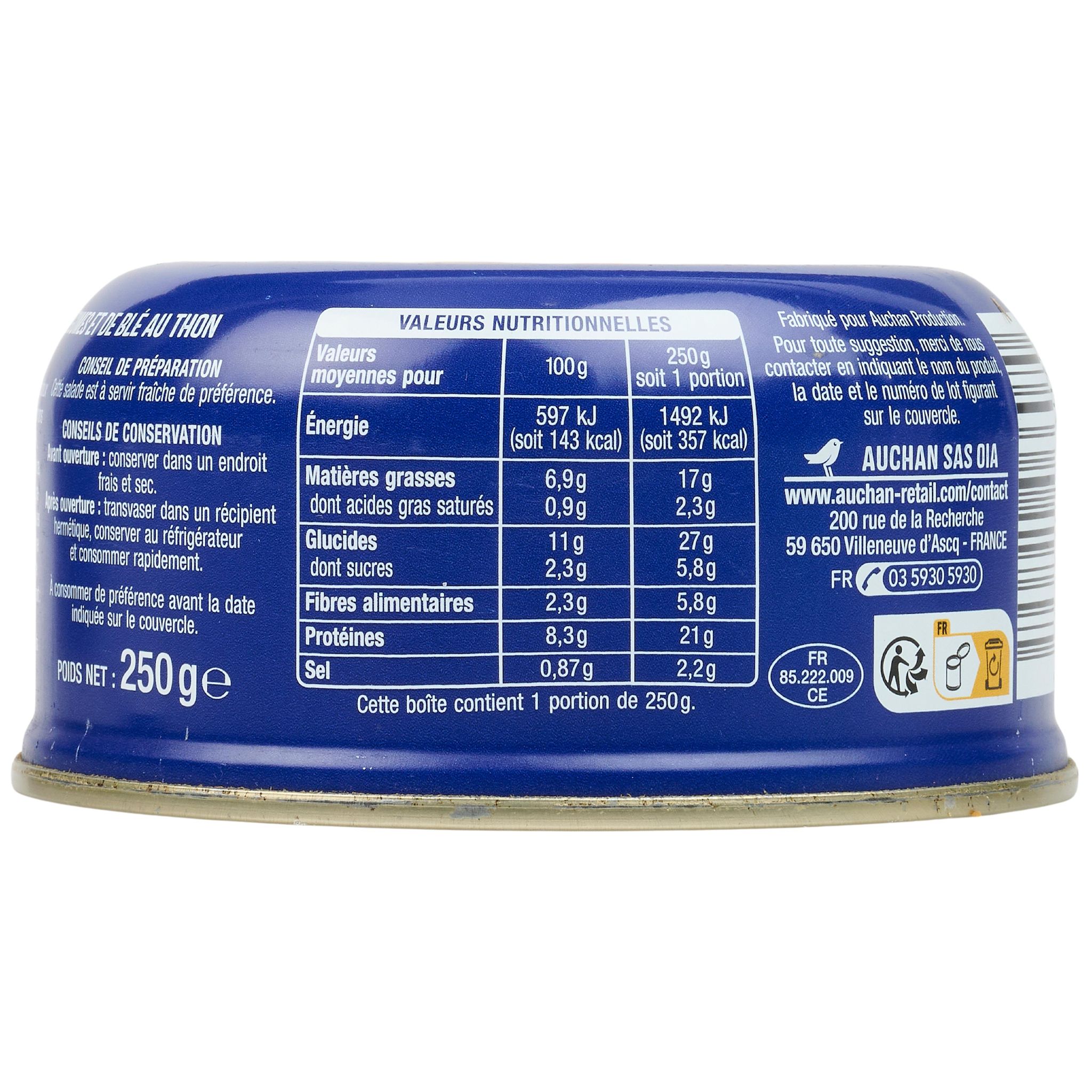 Voir la diapositive 4 : AUCHAN Salade de thon au blé gourmand 250g
