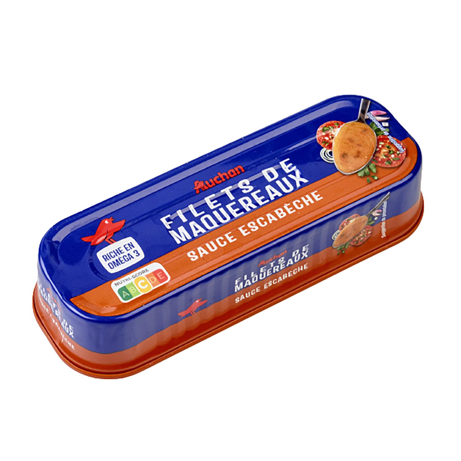 Voir la diapositive 2 : AUCHAN Filets de maquereaux sauce escabèche 85g