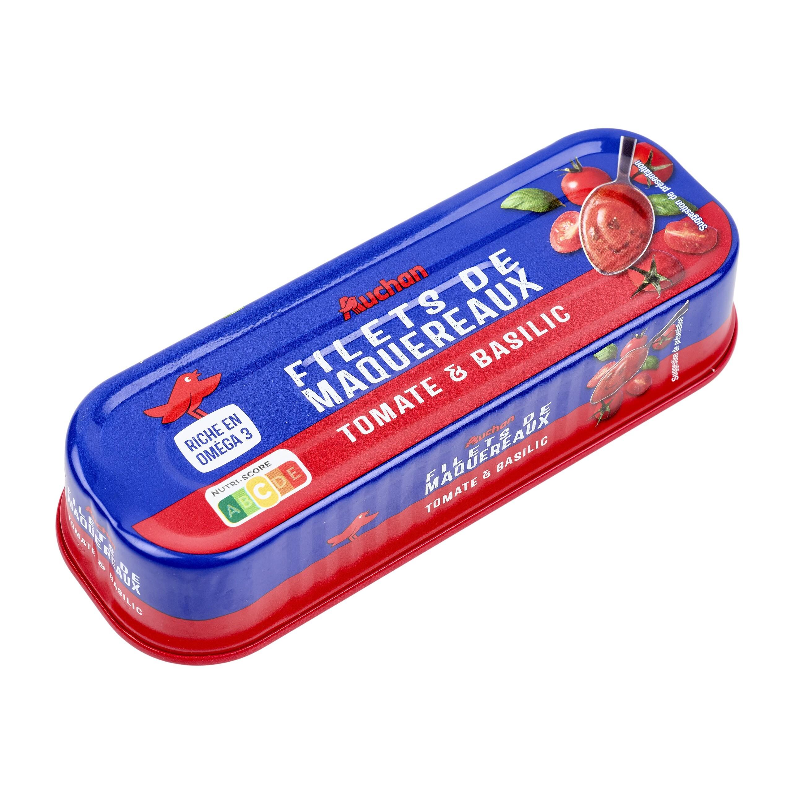 Voir la diapositive 3 : AUCHAN Filets de maquereaux sauce tomate basilic 169g