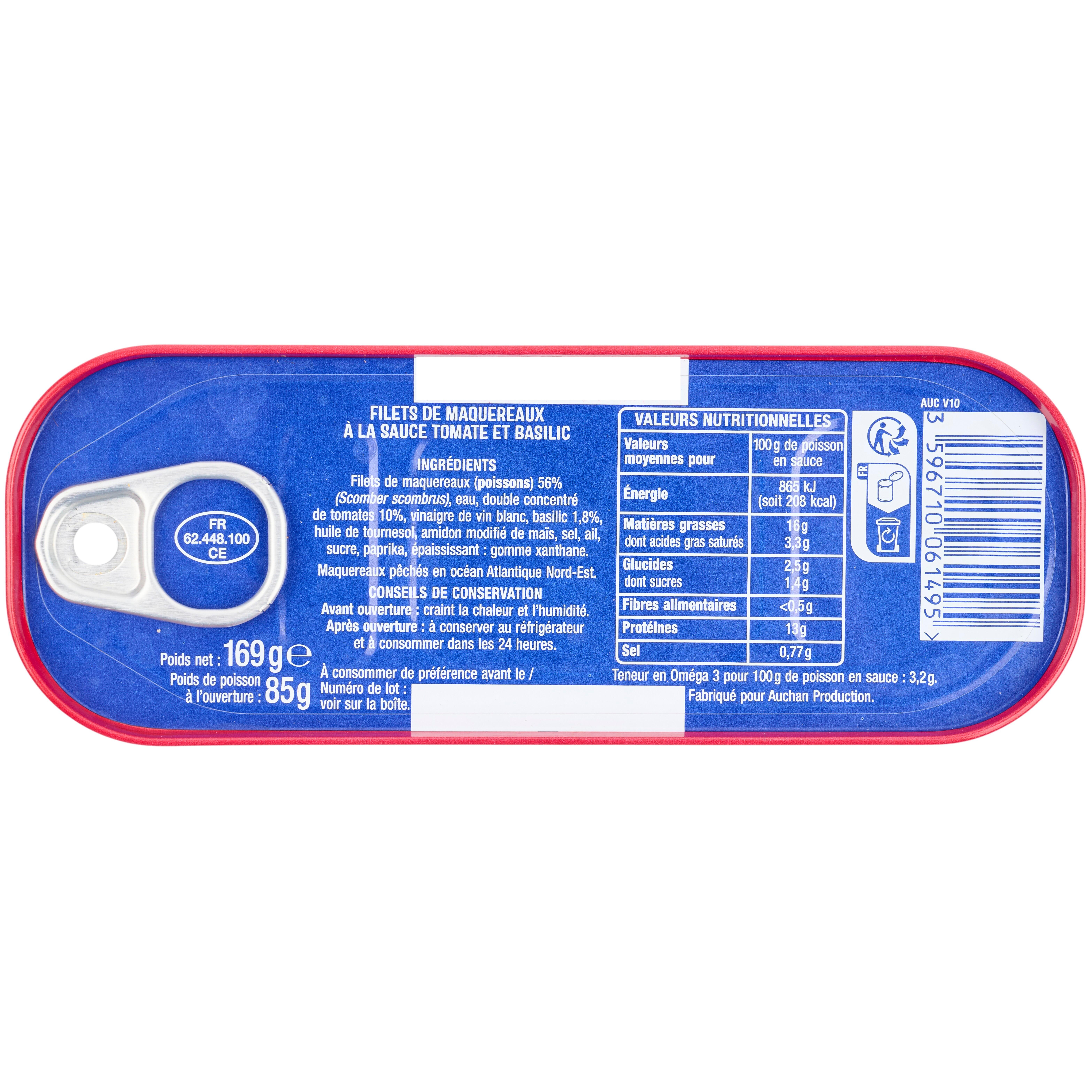 Voir la diapositive 4 : AUCHAN Filets de maquereaux sauce tomate basilic 169g