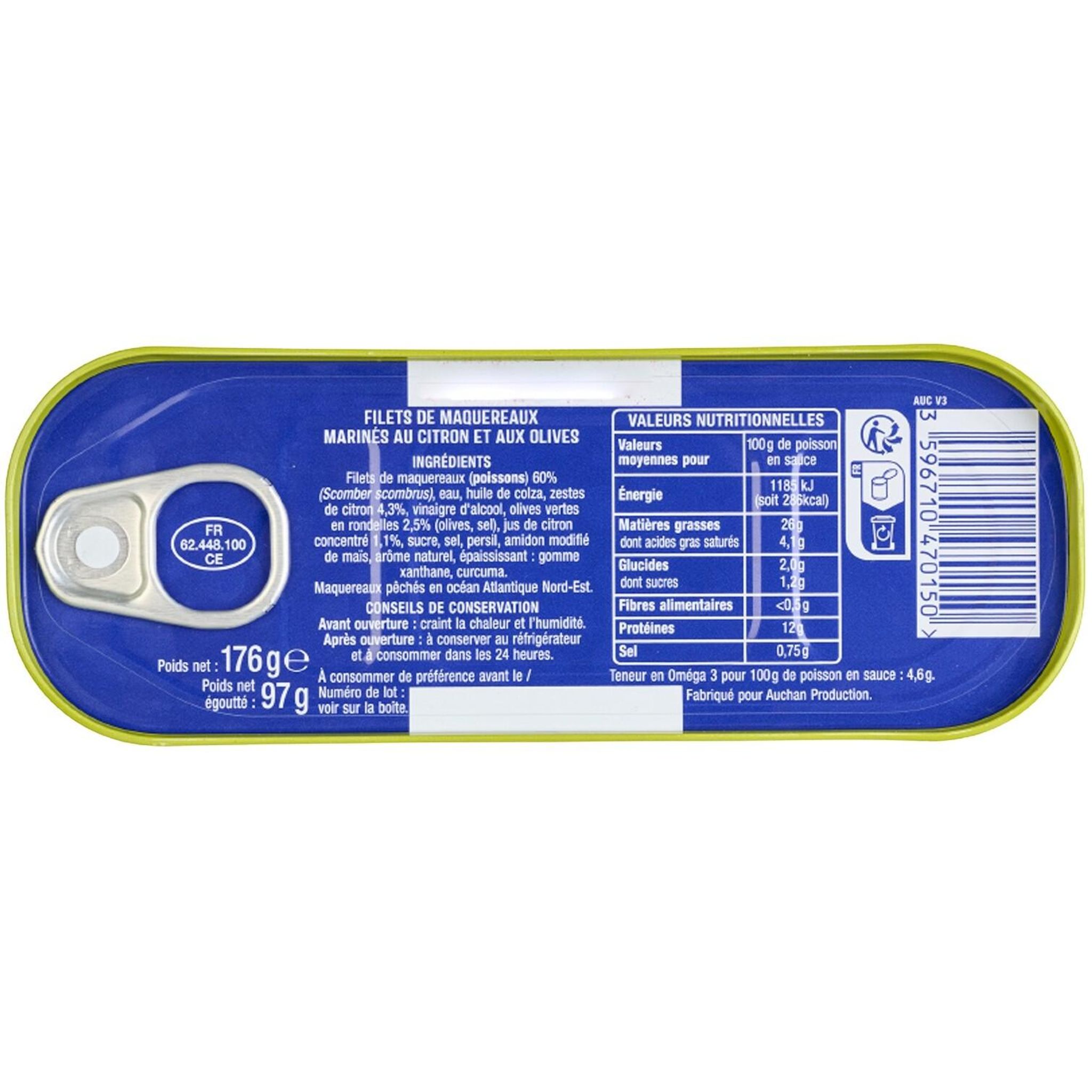 Voir la diapositive 2 : AUCHAN Filets de maquereaux au citron et aux olives 169g