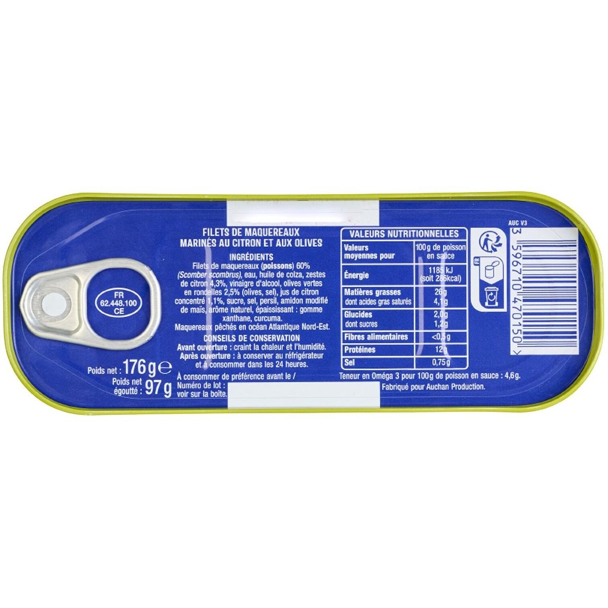 AUCHAN Filets de maquereaux au citron et aux olives 169g