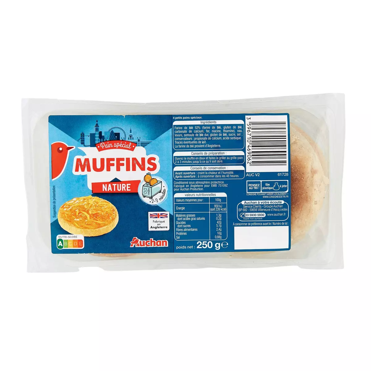 AUCHAN Muffins nature 4 muffins 250g