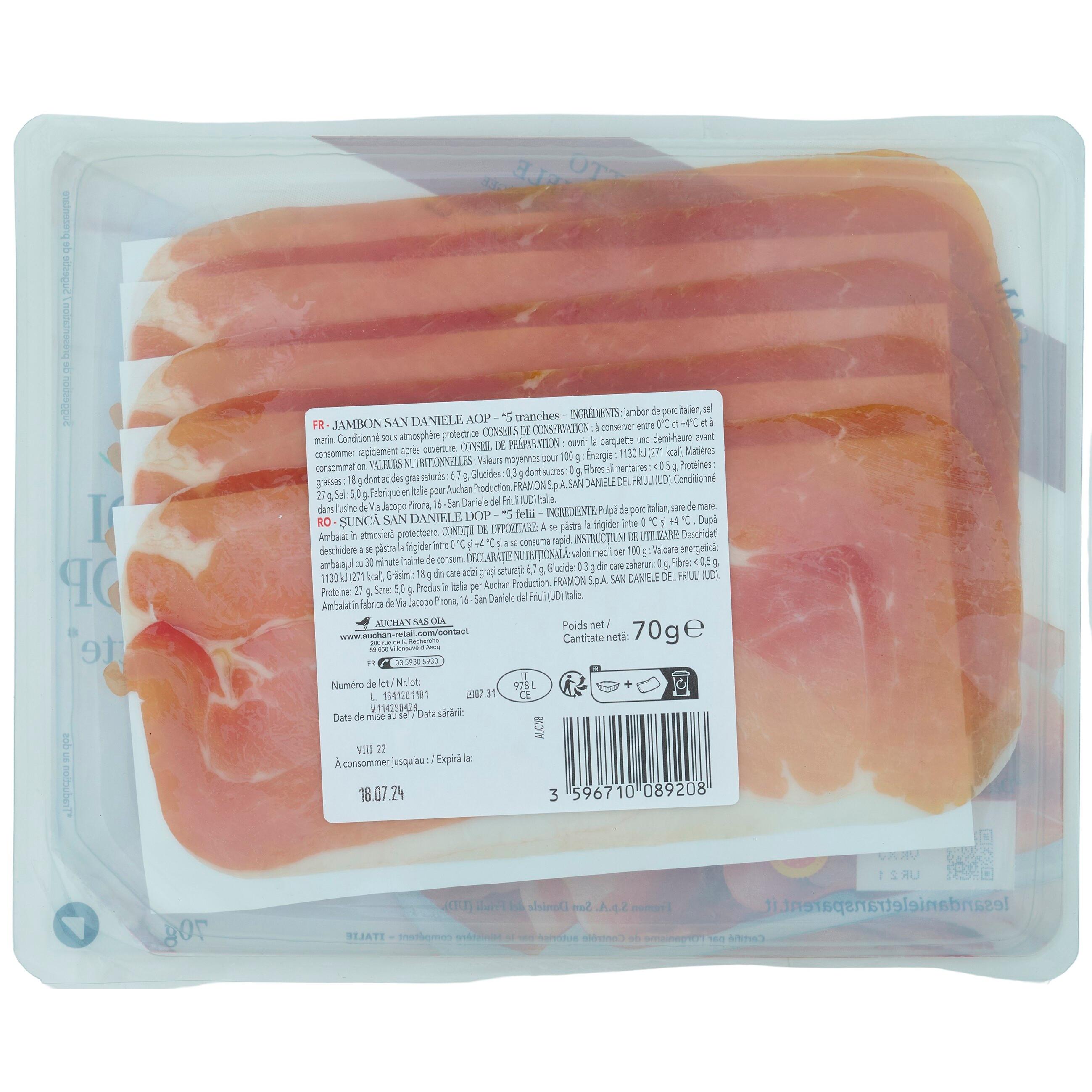 Voir la diapositive 2 : AUCHAN TAVOLA IN ITALIA Jambon sec de San Danièle AOP 5 tranches 70g