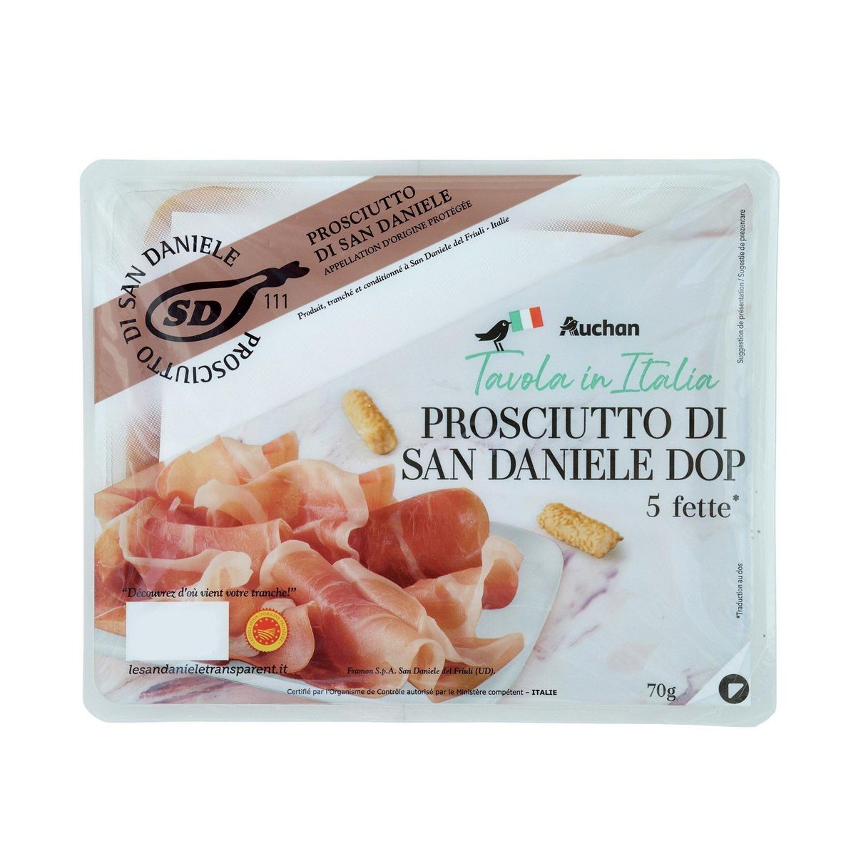 AUCHAN TAVOLA IN ITALIA Jambon sec de San Danièle AOP 5 tranches 70g