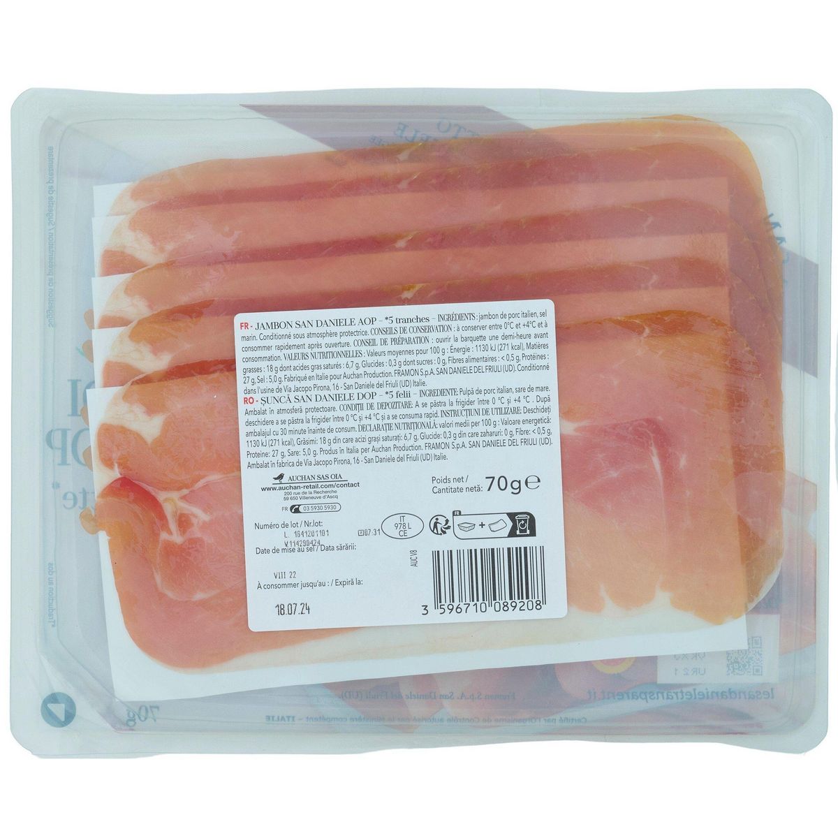 AUCHAN TAVOLA IN ITALIA Jambon sec de San Danièle AOP 5 tranches 70g