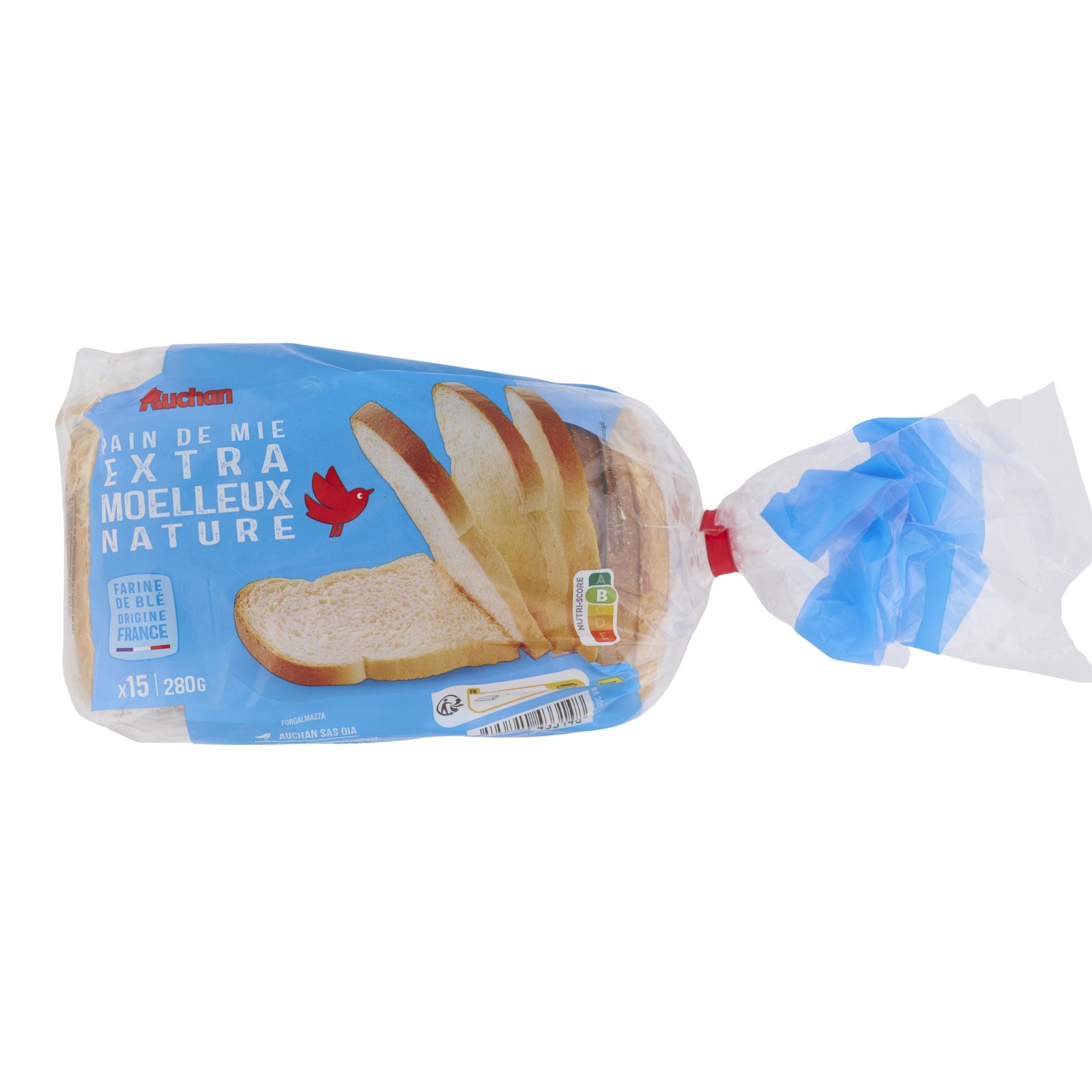 Voir la diapositive 2 : AUCHAN Pain de mie nature extra moelleux avec croûte sans huile de palme 15 tranches 280g