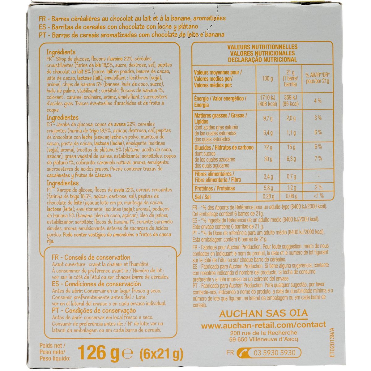 POUCE Barres de céréales goût chocolat banane 6 barres 126g