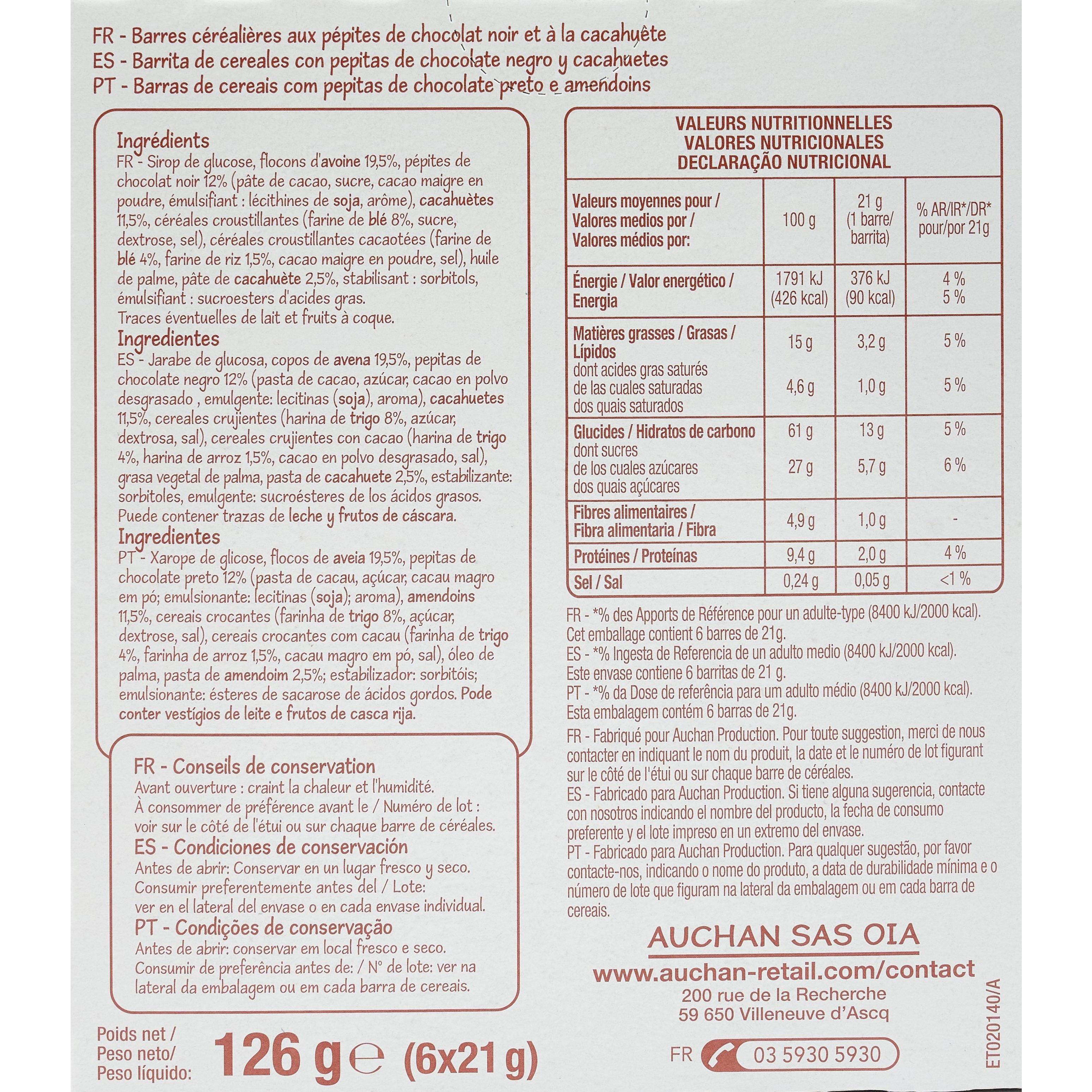 Voir la diapositive 2 : POUCE Barres de céréales au chocolat et cacahuètes 6 barres 126g