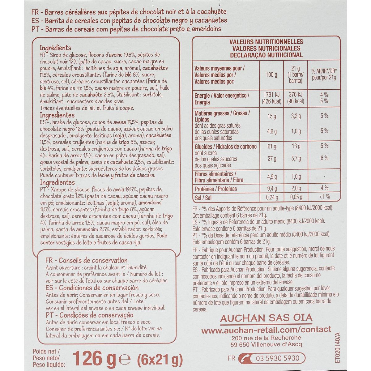 POUCE Barres de céréales au chocolat et cacahuètes 6 barres 126g